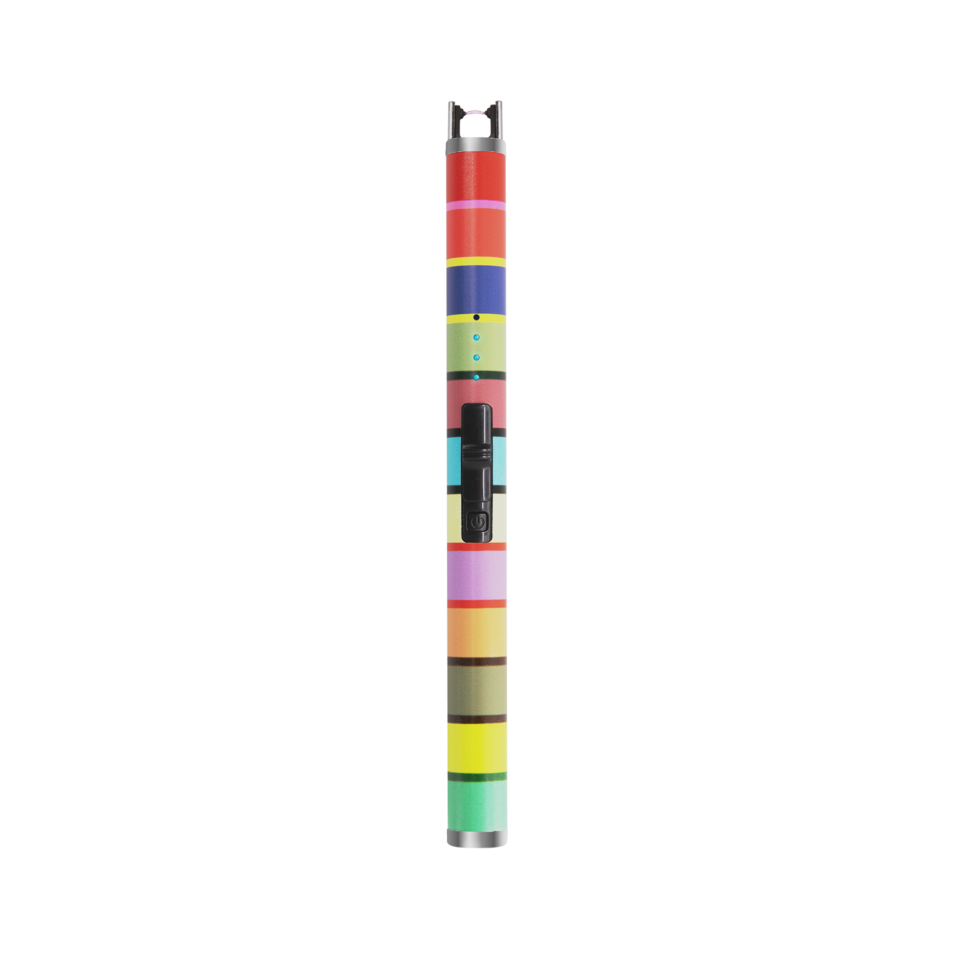 Accendino elettrico a bastoncino dal design " REMEMBER", raffigurato in verticale su sfondo bianco. Motivo a strisce colorate con bande orizzontali nei colori rosso, blu, verde, giallo, arancione e viola, con cursore nero.