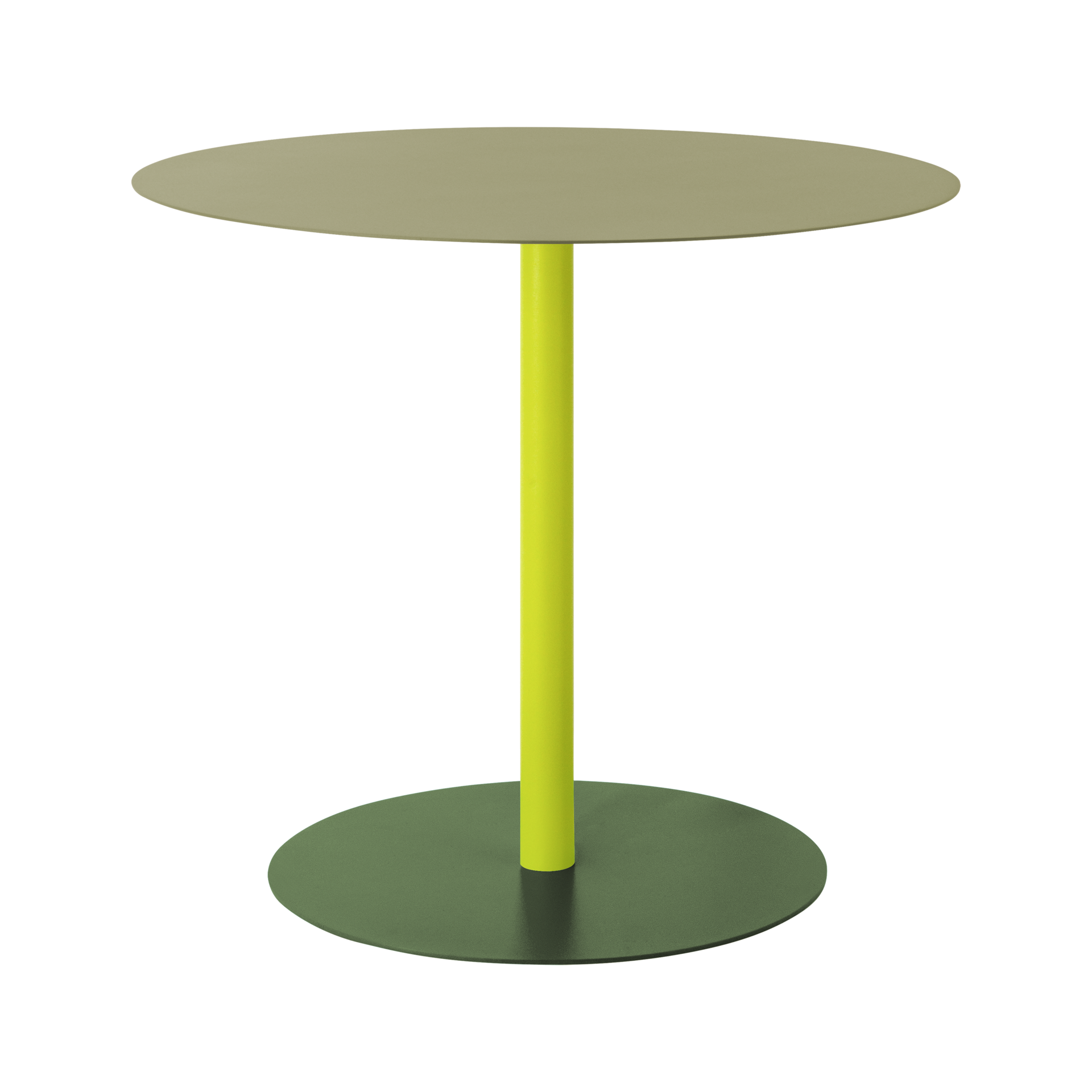 Table d'appoint ronde Rondo au design minimaliste. Le plateau est de couleur vert olive clair et repose sur un pied cylindrique élancé de couleur vert citron vif. Une base ronde de couleur vert foncé assure sa stabilité.