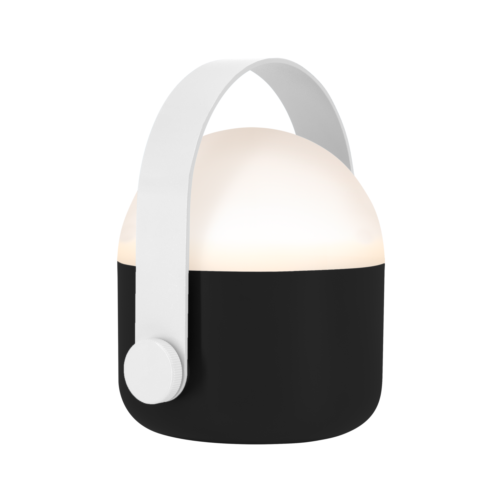 Schwarze, runde LED-Leuchte mit weißem Griff und Drehknopf. Die Lampe ist beleuchtet und strahlt ein warmes Licht aus.