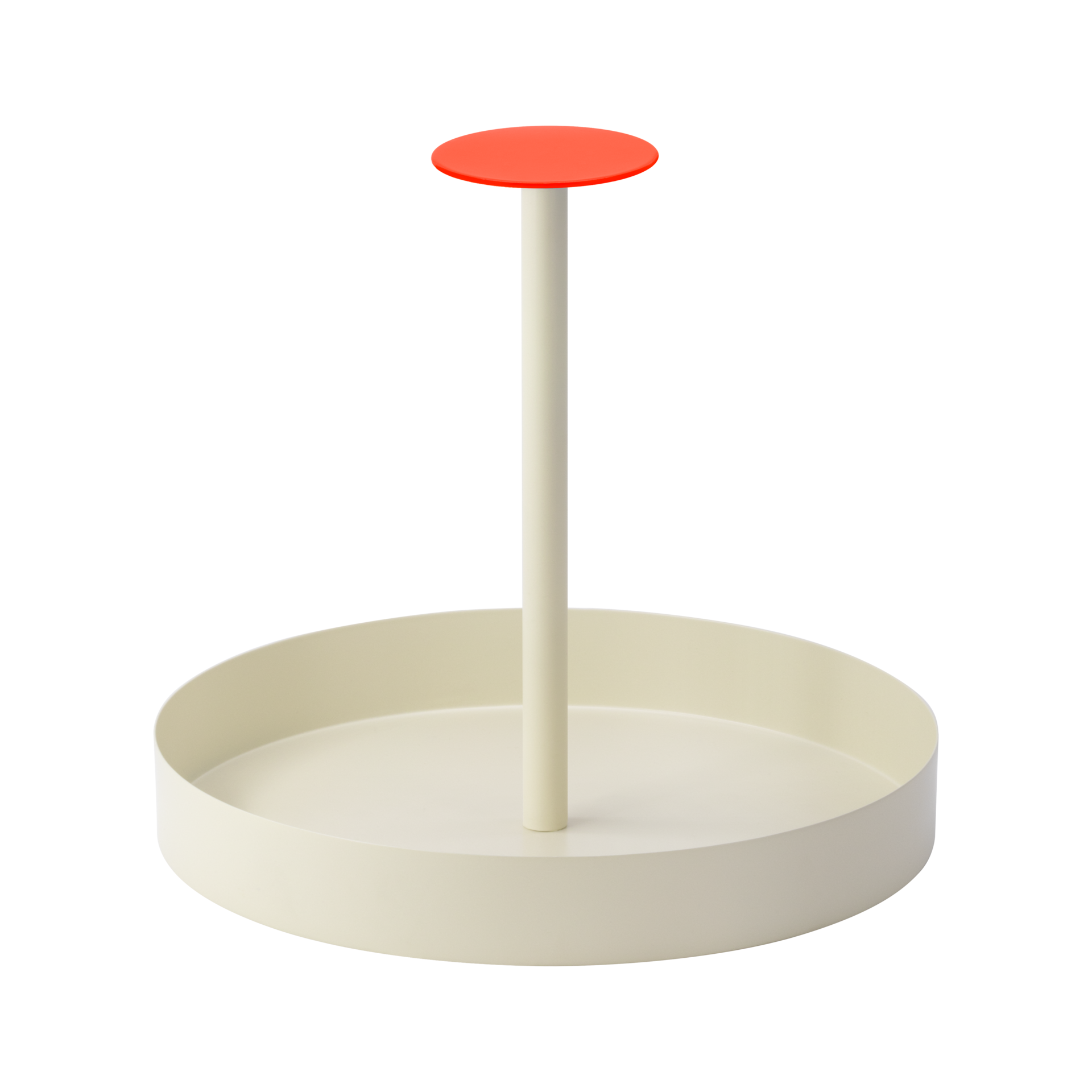 Un plateau rond 'Nana' de couleur crème, avec une fine tige verticale au centre et une surface ronde de couleur corail en haut.