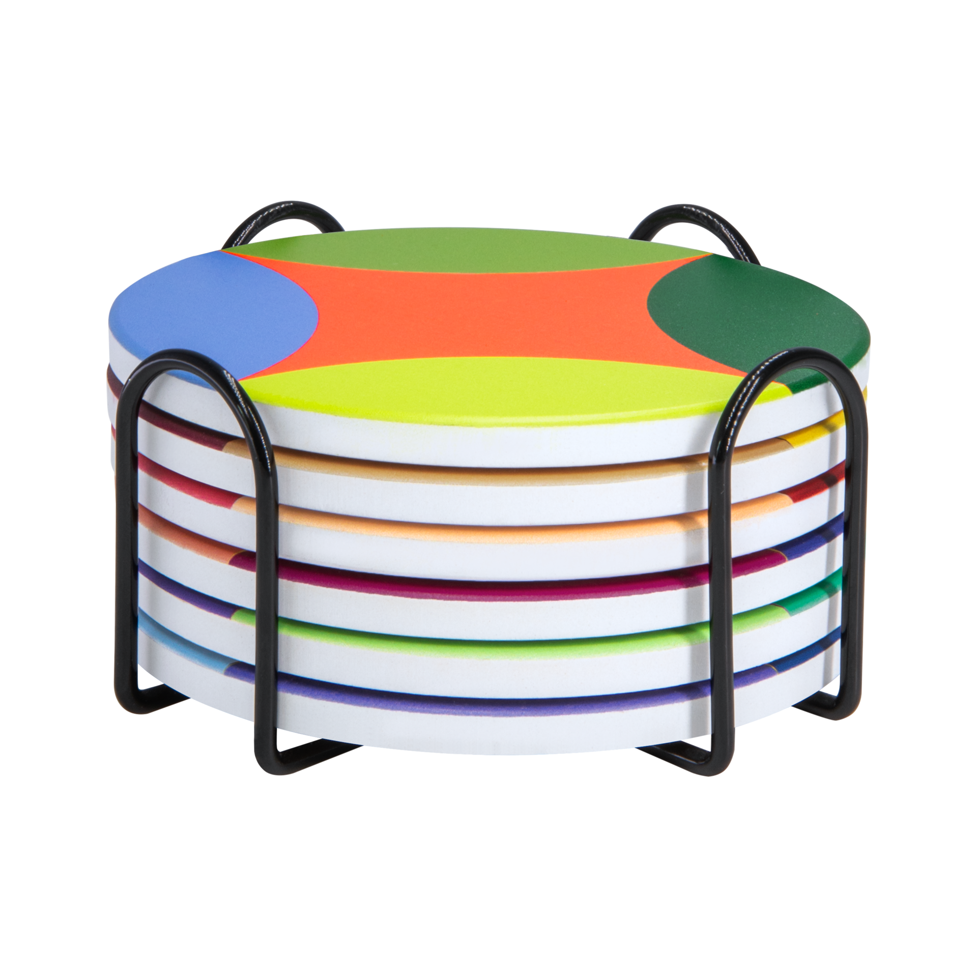 Six dessous-de-verre ronds en céramique colorée, empilés dans un support métallique noir. Chacun a un motif unique, visible sur le côté et le dessus. Dessus : bleu, orange, vert clair et vert foncé. Dessous en liège.