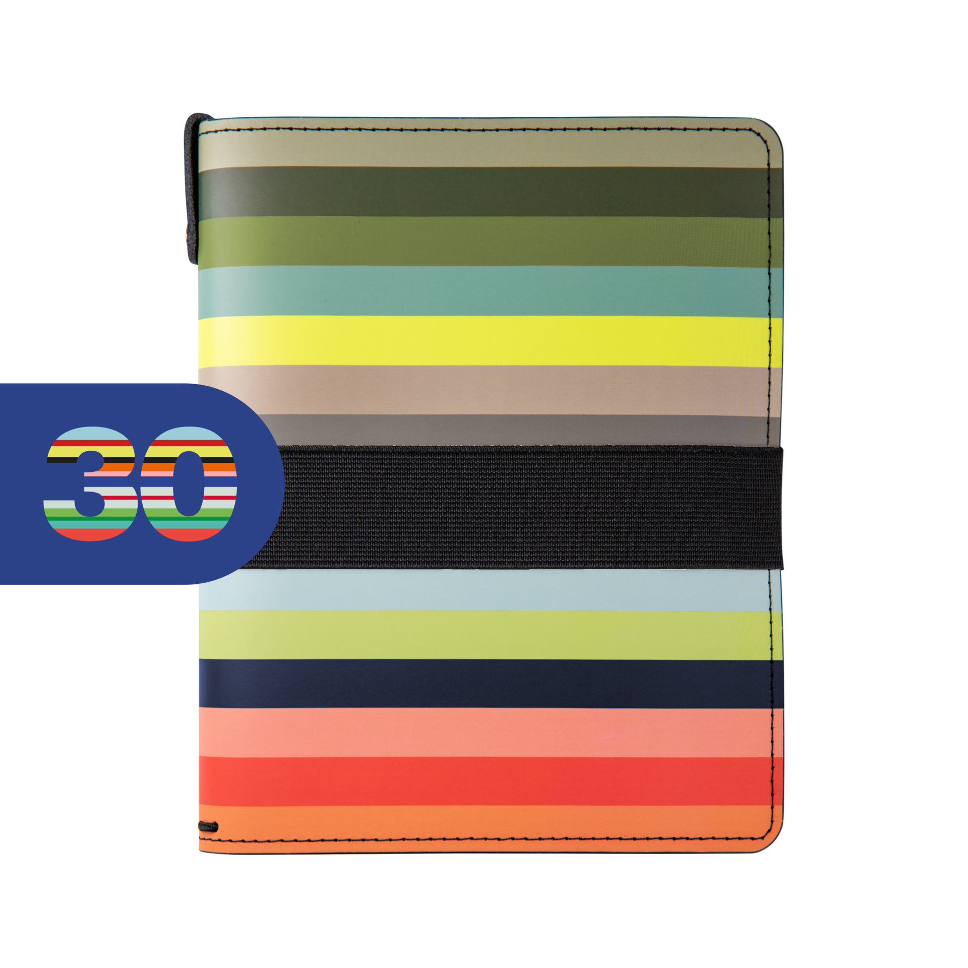 TripBook Lorenzo 'Remember 30' mit horizontalen Streifen in bunten Farben und einem schwarzen Gummiband in der Mitte. Links ist eine blaue Sprechblase mit der Zahl 30.