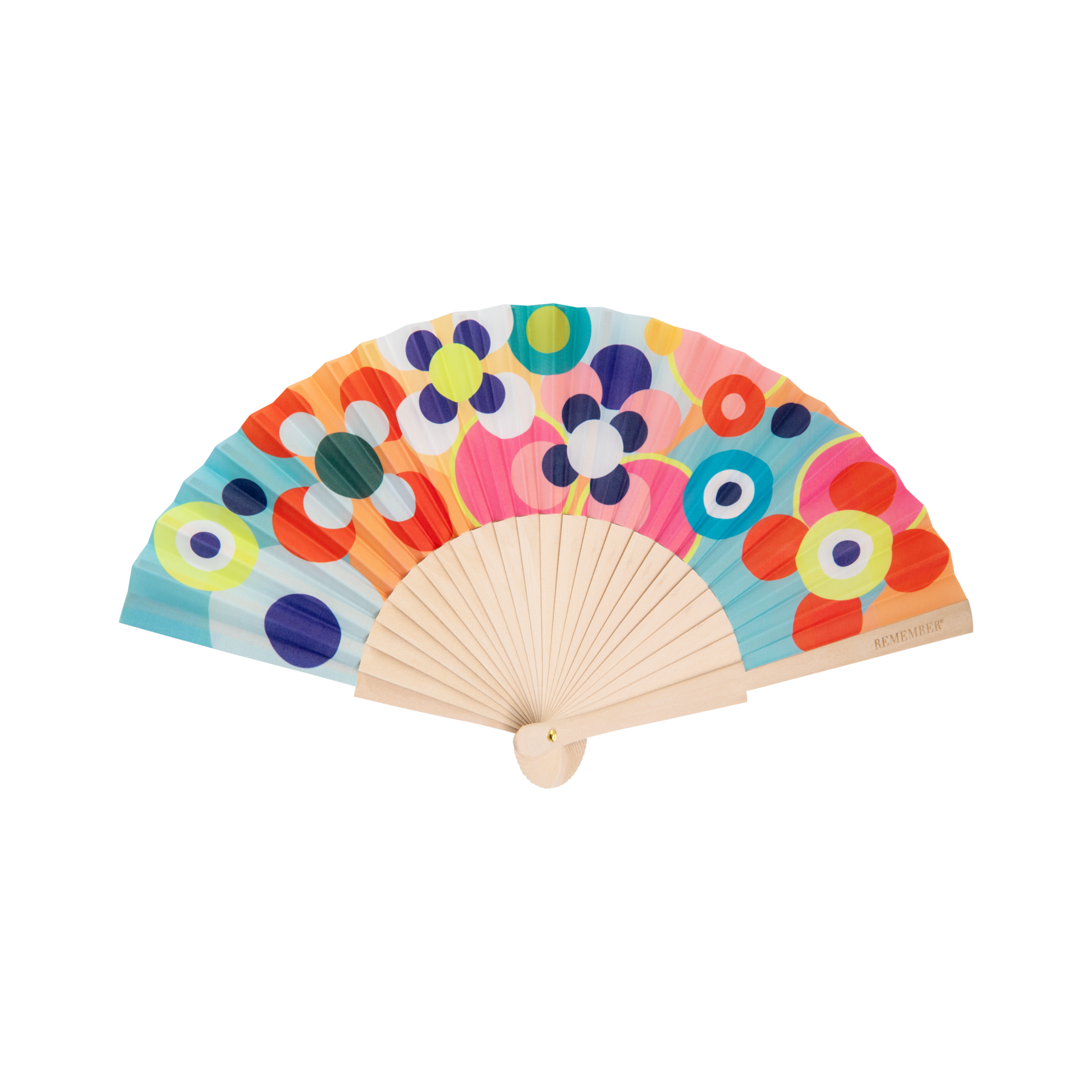 Geöffneter Handfächer „Sushi“ mit Holzstreben und buntem Kreismuster in Blau, Grün, Gelb, Rosa und Orange.