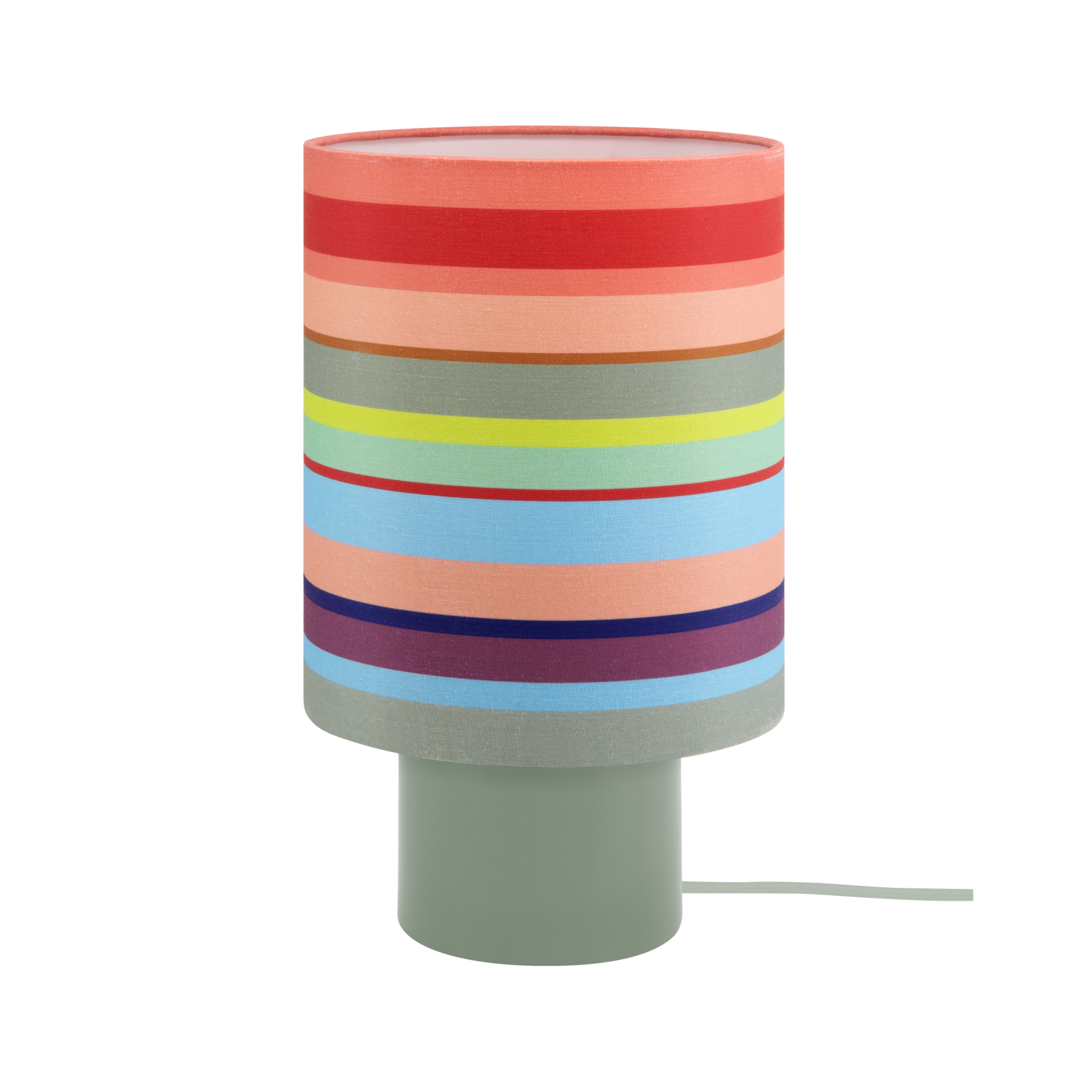 Eine Keramikleuchte Aurora Stripes mit einem einfarbigen, zylindrischen, hellgrünen Fuß. Der Textillampenschirm ist horizontal gestreift in lebhaften Farben wie Rot, Koralle, Beige, Hellblau, Limettengrün, Gelb und Dunkelviolett.