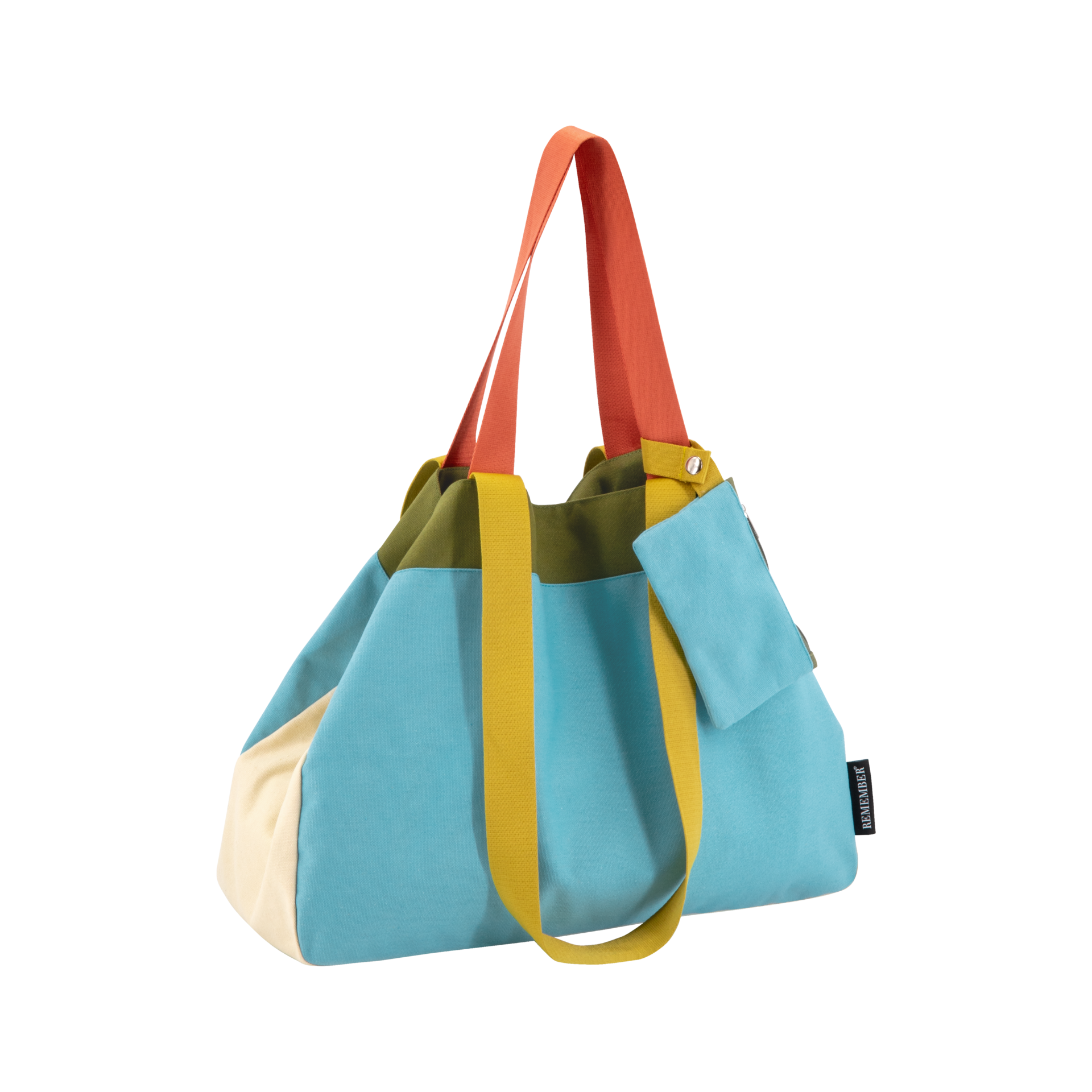 Freigestellte Canvas Tasche 'Luca' in Blau, Grün, Beige, Gelb und Orange mit kurzer Pouch.