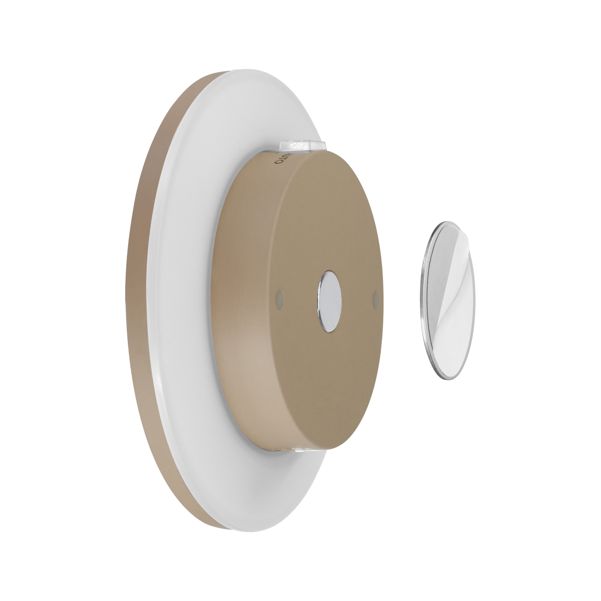L'applique murale DOT démontée présente un corps cylindrique beige avec bouton variateur argenté, sur base ronde blanche. À côté, un disque magnétique argenté avec surface adhésive blanche pour montage sans fil.