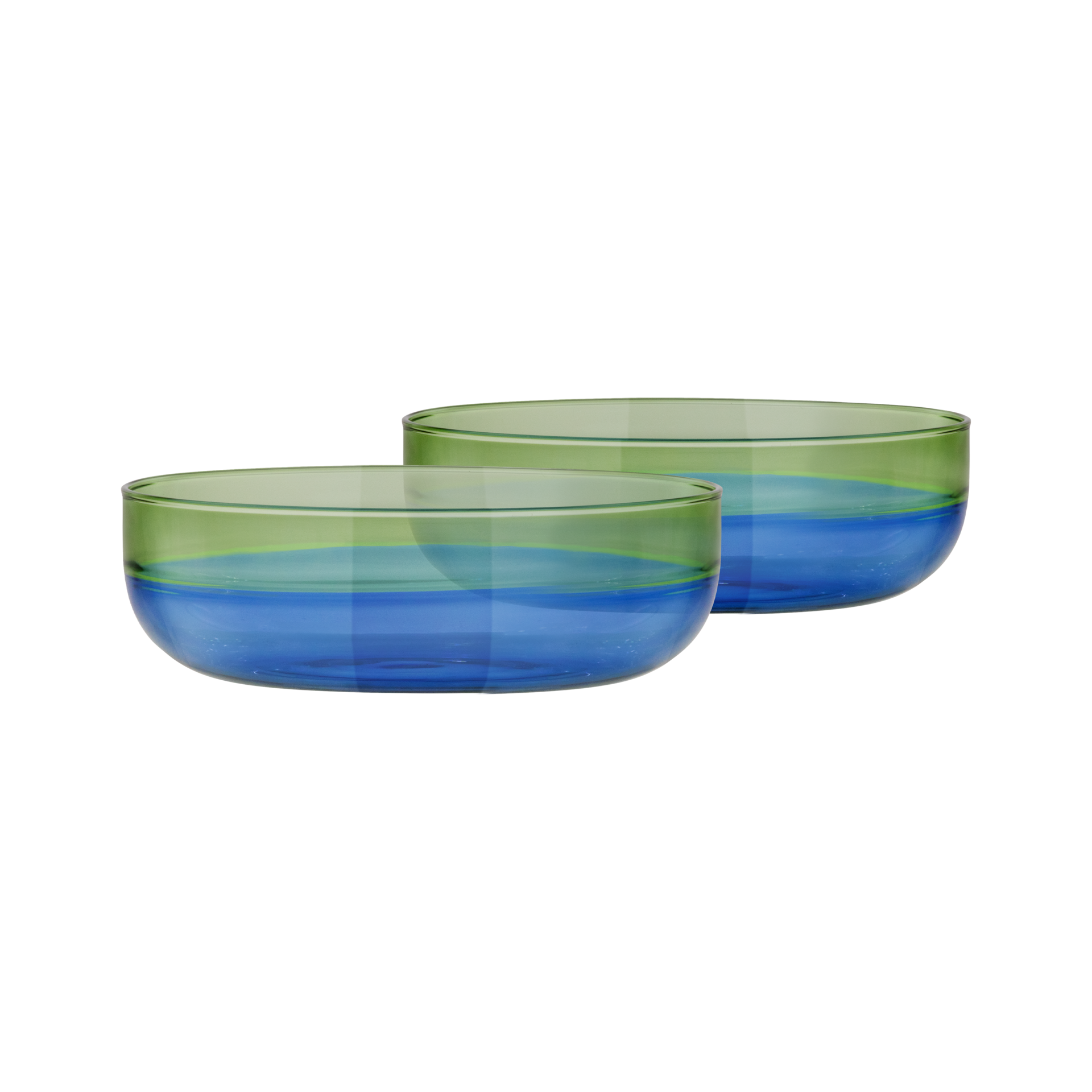 Zwei Glasschälchen 'ocean', ein 2er-Set, stehen hintereinander. Die Schälchen sind oben grün und unten blau gefärbt, getrennt durch einen hellblauen Streifen.