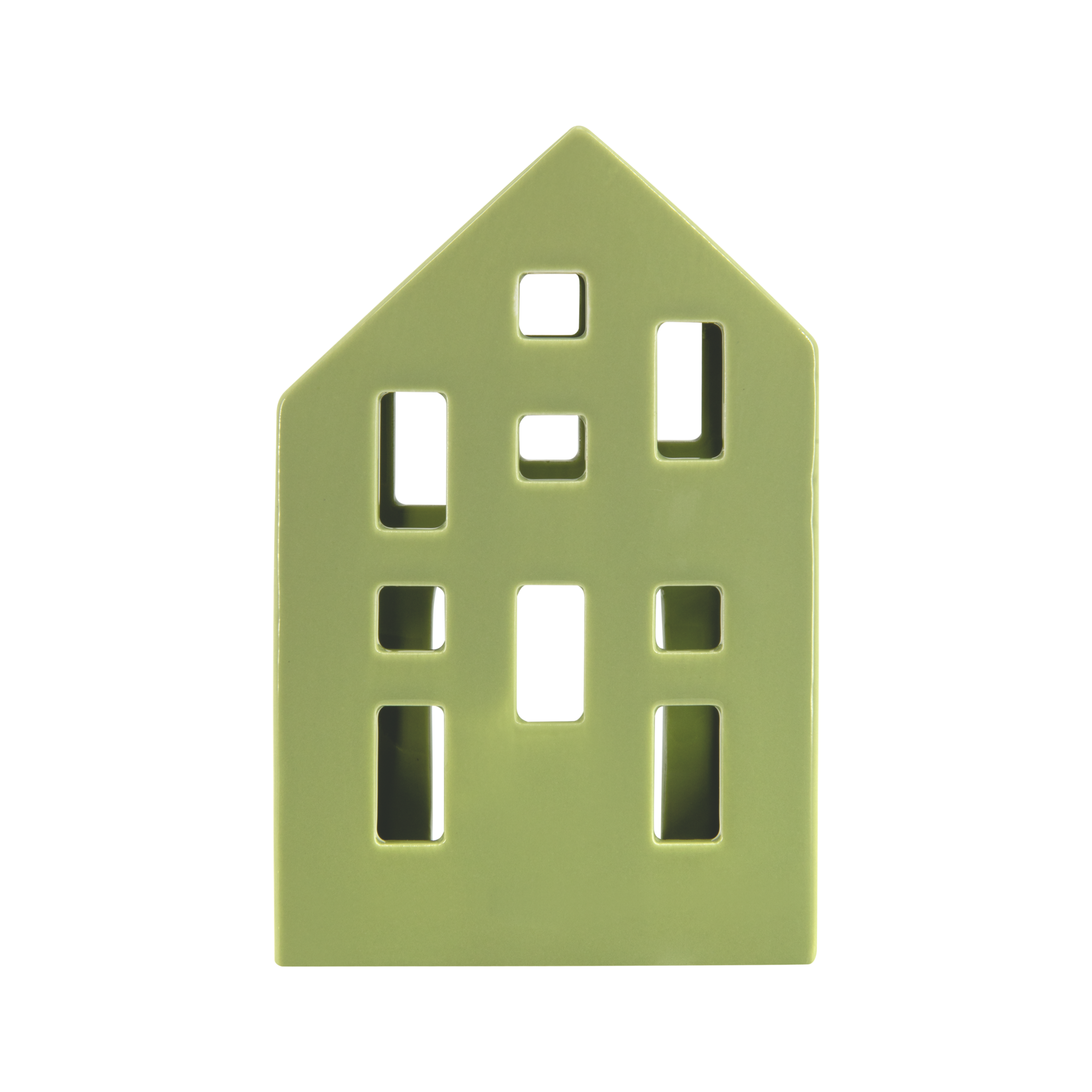 Ein limettengrünes Teelichthaus Nyhavn mit Giebeldach und mehreren Fensteröffnungen in verschiedenen Größen.