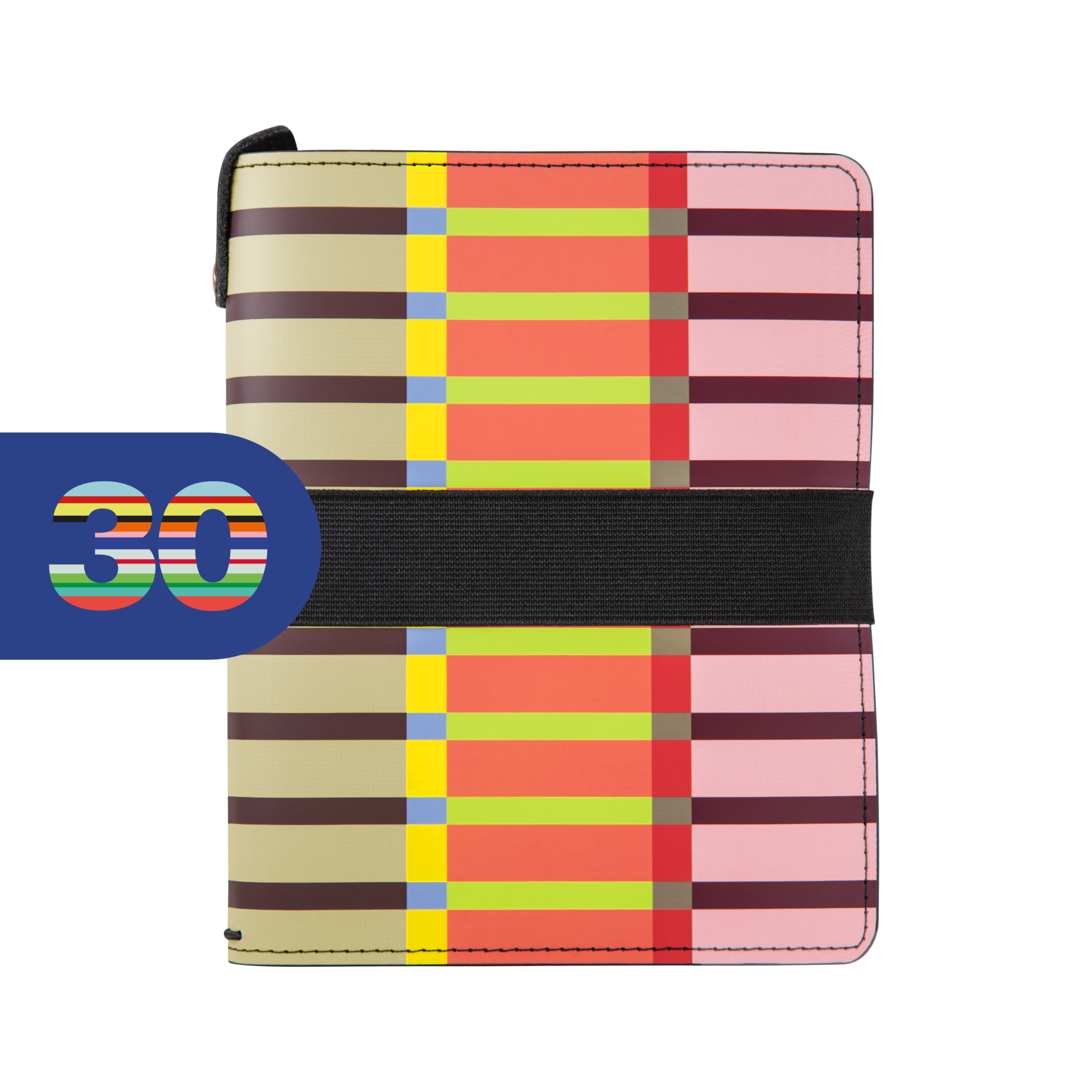 Ein TripBook Kaido 'Remember 30' mit horizontalen Farbstreifen und einem schwarzen Gummiband. Links unten ist eine blaue Sprechblase mit der Zahl 30 zu sehen.