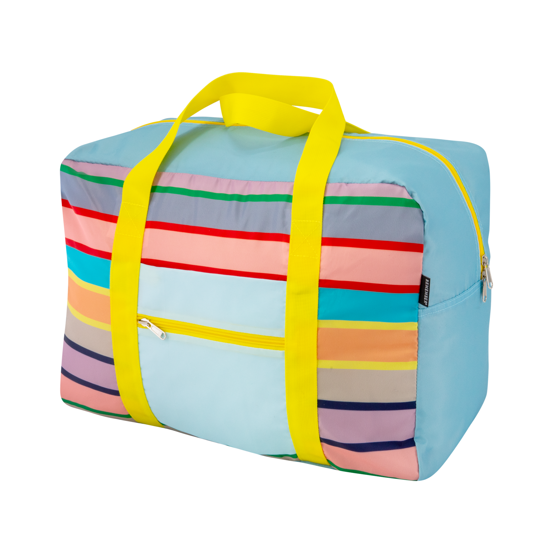 Sac de loisirs et de voyage rectangulaire à rayures bleu clair, rose, vert, gris, rouge, turquoise, orange, jaune, bleu foncé et violet. Dessus et côtés bleu clair. Deux poignées jaune vif et fermetures à glissière jaunes.