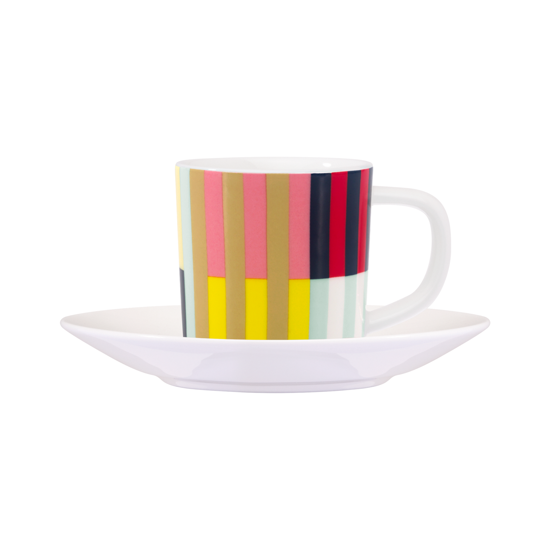 Eine 'Havanna' Espressotasse mit Unterteller. Die Tasse hat ein Streifenmuster in Gelb, Rosa, Gold, Rot und Dunkelblau. Der Unterteller ist weiß.