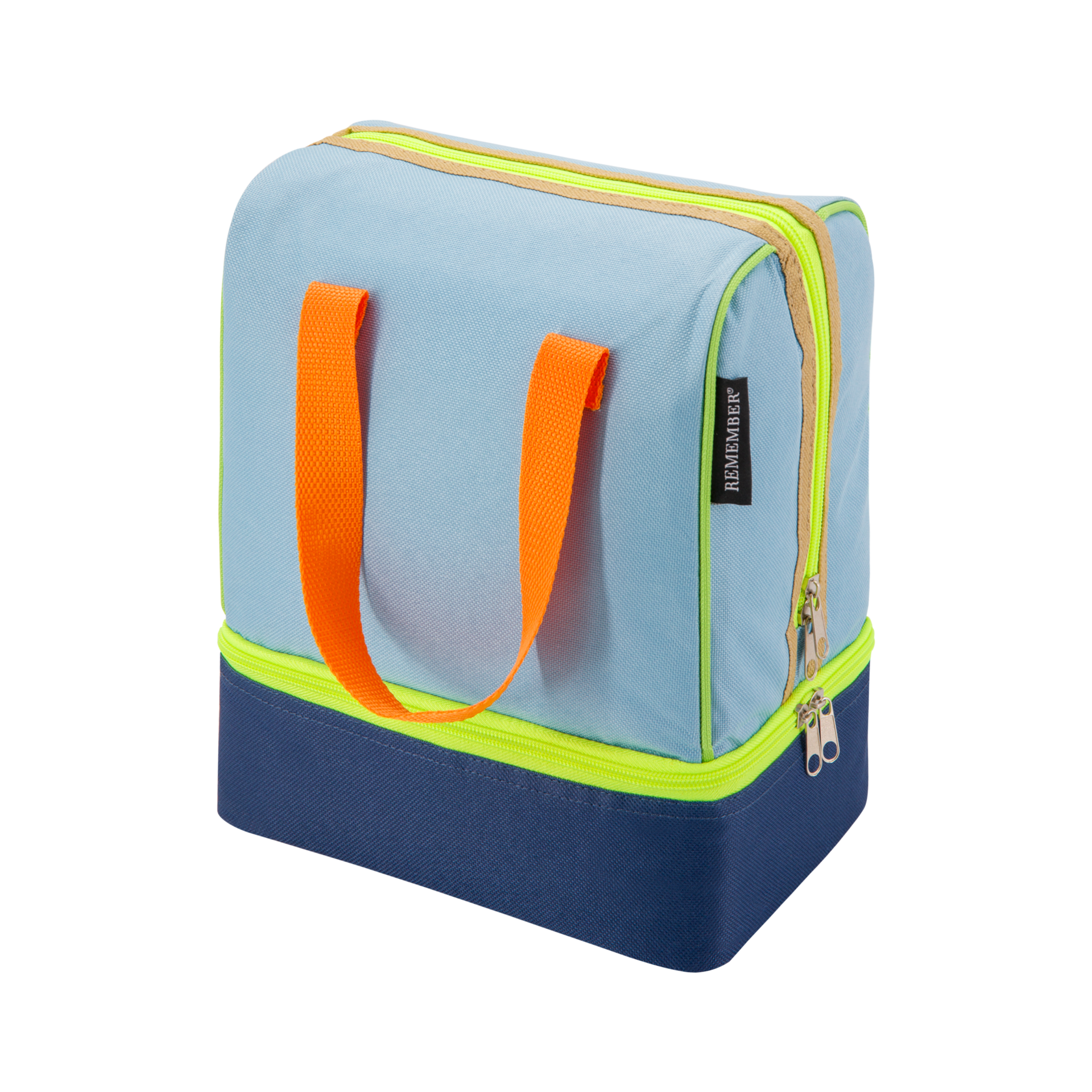Rechteckige Lunch-Kühltasche 'Nick' in blau mit Tragegriffen. Zwei Fächer mit Reißverschluss und farbigen Akzenten in gelb und orange.