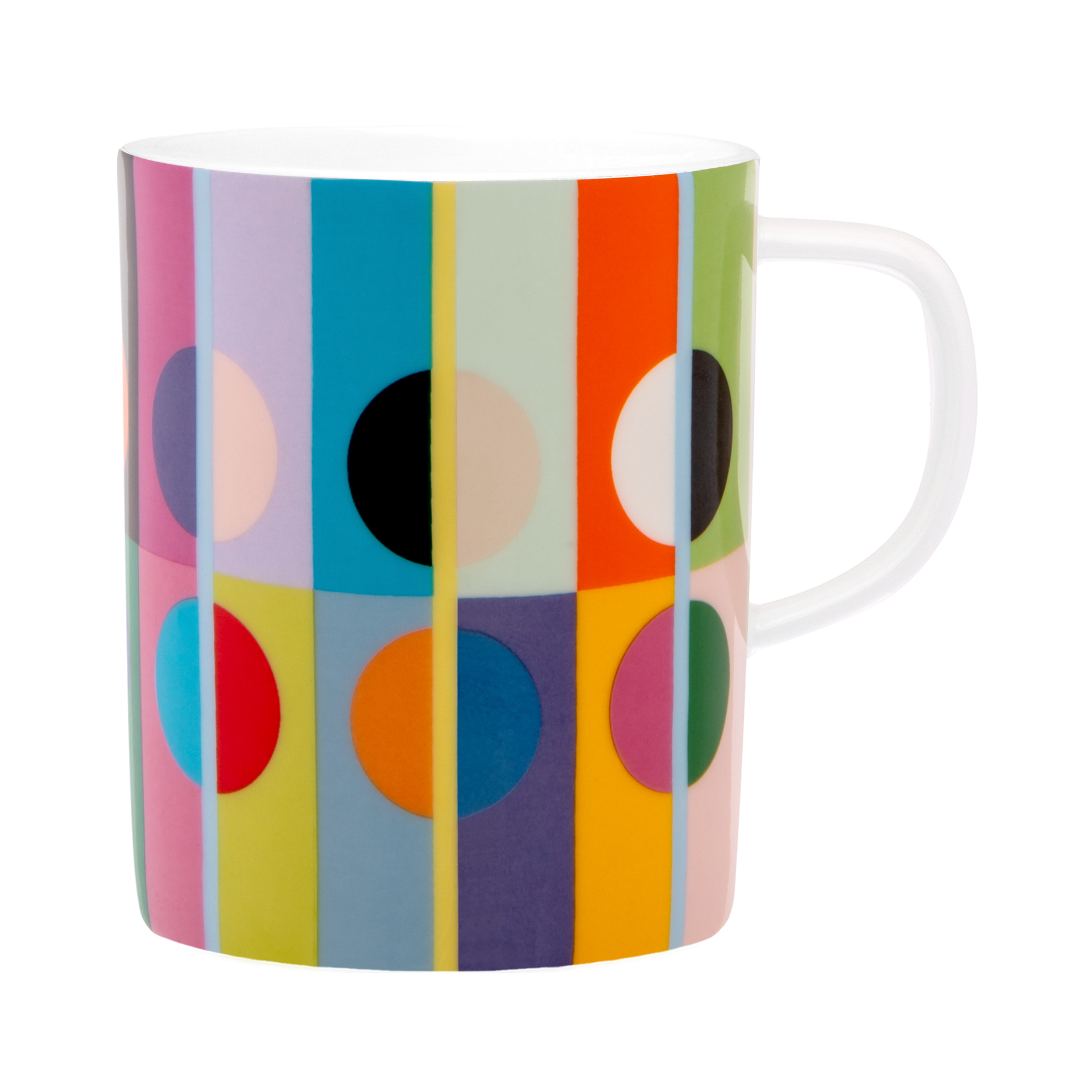 Farbenfrohe Orb-Tasse aus Porzellan mit auffälligem geometrischem Muster: breite vertikale Streifen in Pink, Blau, Gelb, Grün und Orange. Darüber große Kreise in Schwarz, Weiß und Rot, teils überlappend. Weißer Henkel.