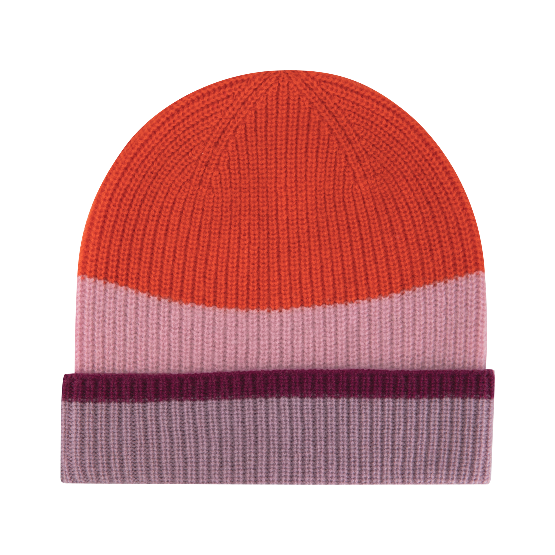 Bonnet tricoté en laine et cachemire, composé de trois bandes de couleurs. Partie supérieure rouge-orange vif, suivie d'une bande rose clair et d'un revers violet foncé au bord inférieur. Motif en côtes visible.