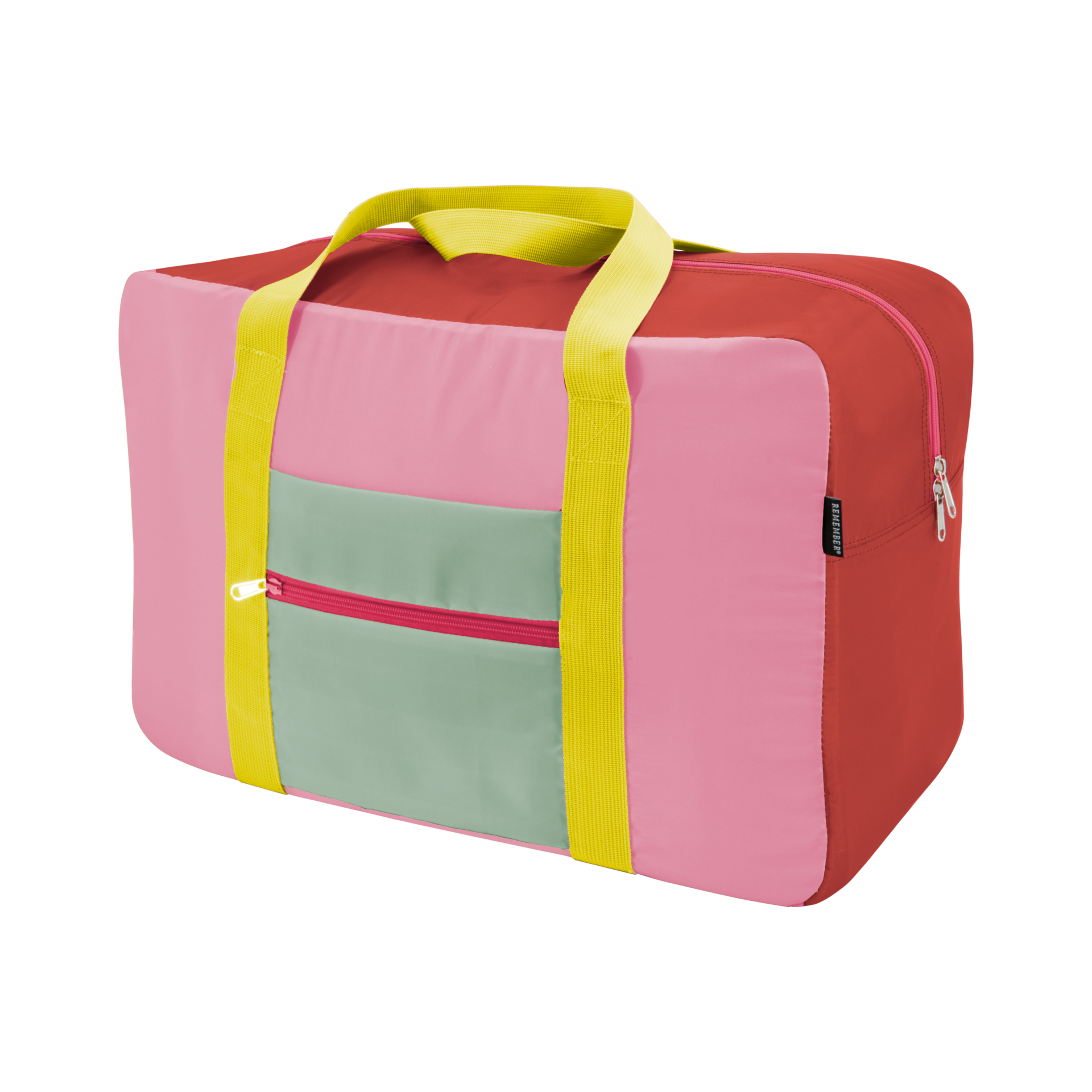 Rechteckige Reisetasche 'Rosi' in Rot, Rosa und Grün mit gelben Tragegurten und Reißverschlüssen vor hellem Hintergrund.
