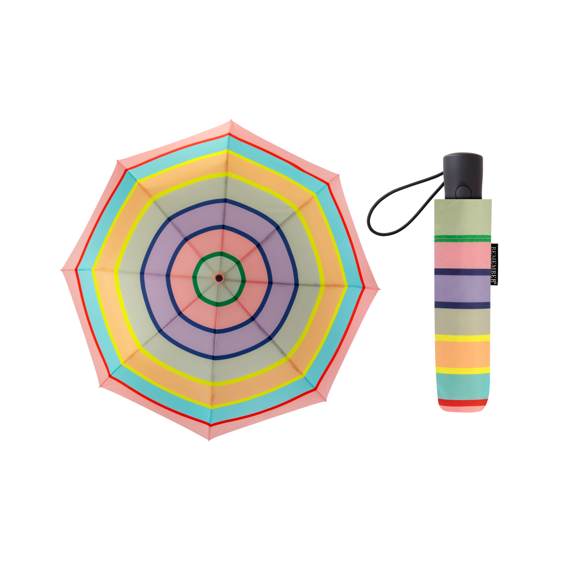 Geöffneter, bunter Taschenschirm „Levante“ mit Streifenmuster, daneben geschlossen in farblich passender Hülle.