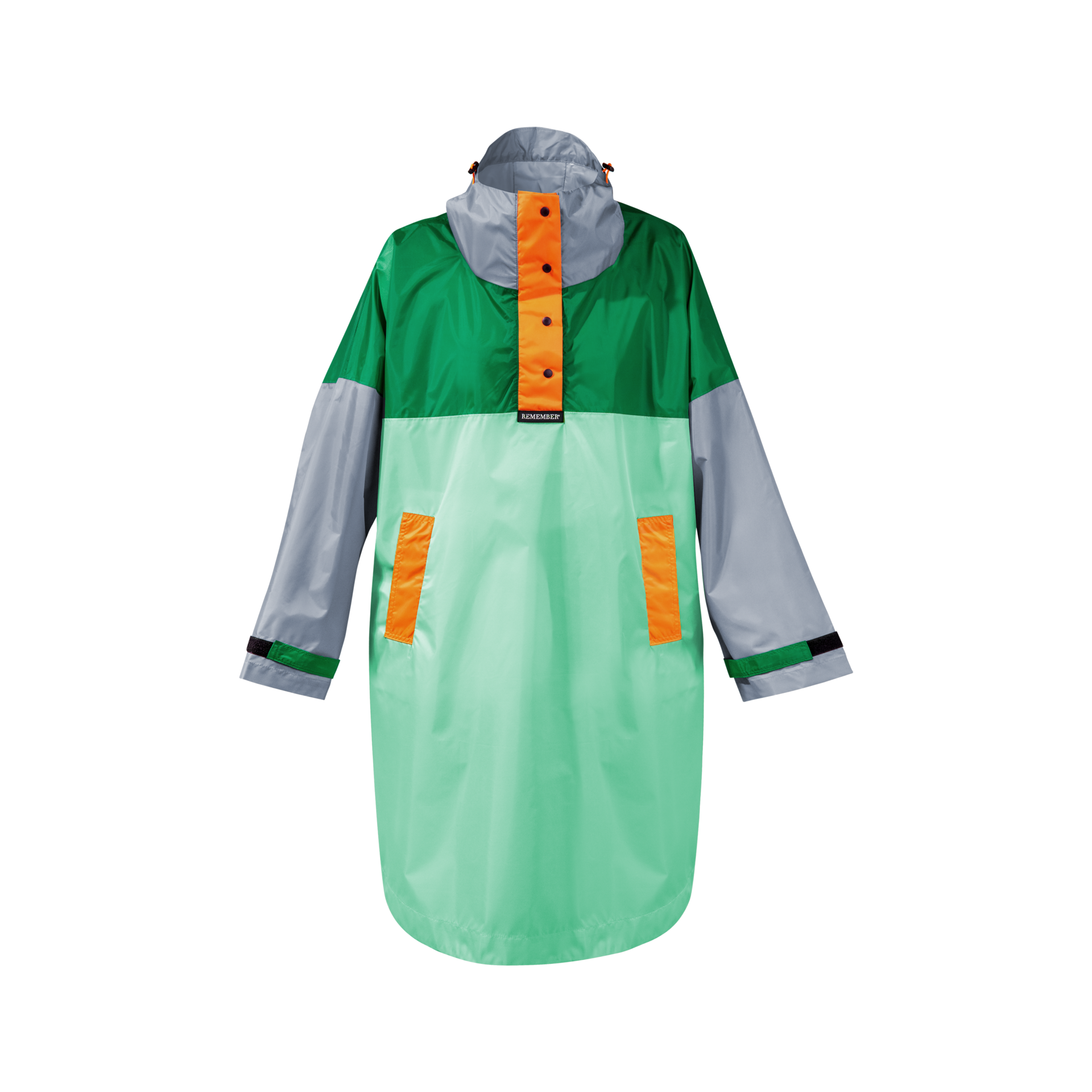 Freigestelltes, farbiges Regencape Max in Grün, Grau und Mint mit orangefarbenen Akzenten und Druckknöpfen. Kapuze und seitliche Eingrifftaschen sind erkennbar.