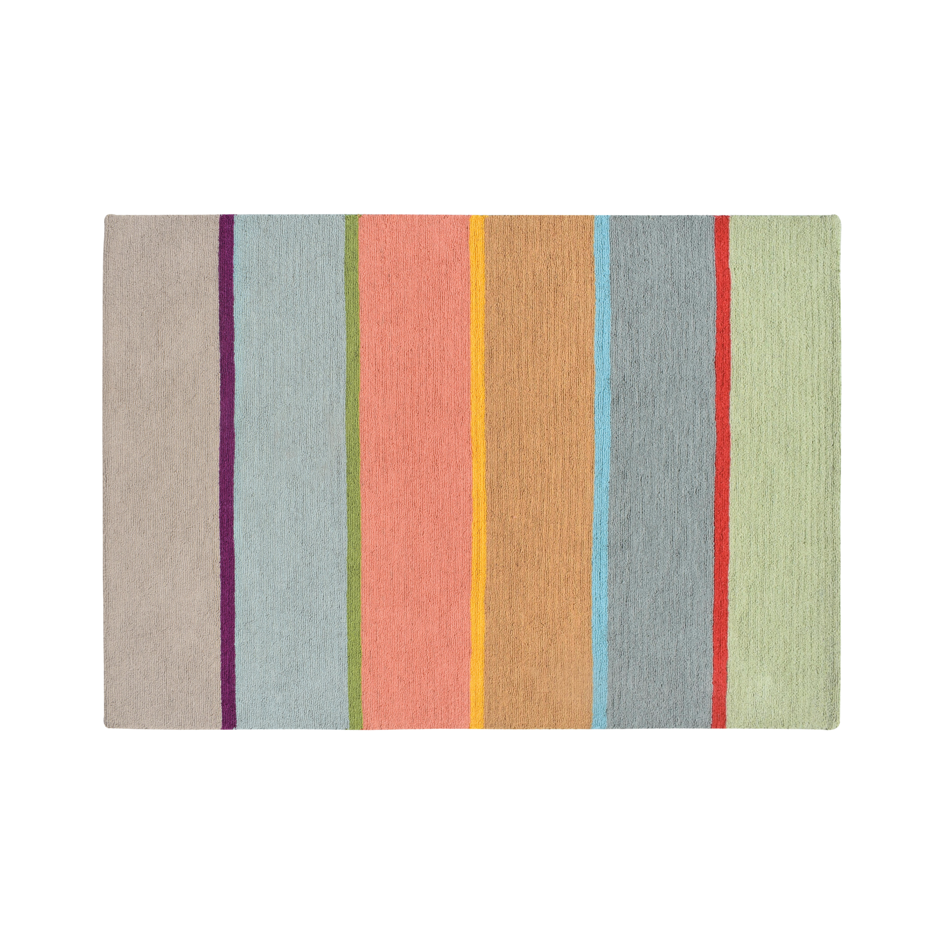 Tappeto rettangolare in lana 'Cambridge' a righe verticali nei colori grigio, viola, blu, verde, rosa, giallo, marrone, rosso e verde chiaro.