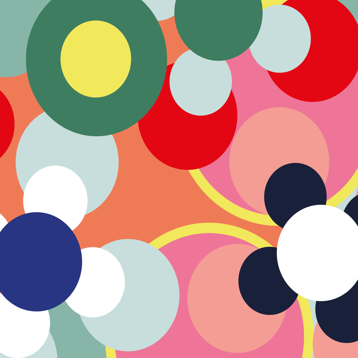 Ein Muster aus überlappenden Kreisen in Rot, Grün, Blau, Gelb, Weiß und verschiedenen Rosa- und Blautönen auf einem orangefarbenen Hintergrund.