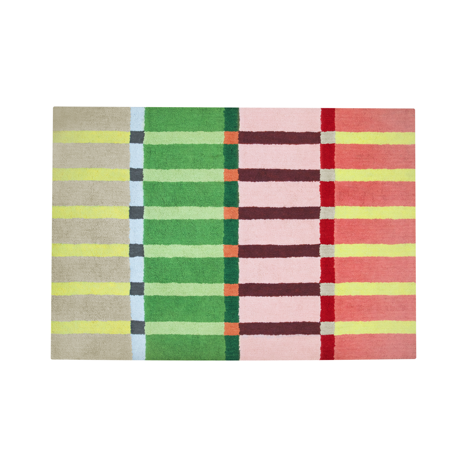 Tappeto rettangolare 'Kaido' con un motivo a strisce colorate in beige, verde, rosa e rosso. Le strisce sono disposte orizzontalmente. Accenti di colore verticali collegano le aree colorate.