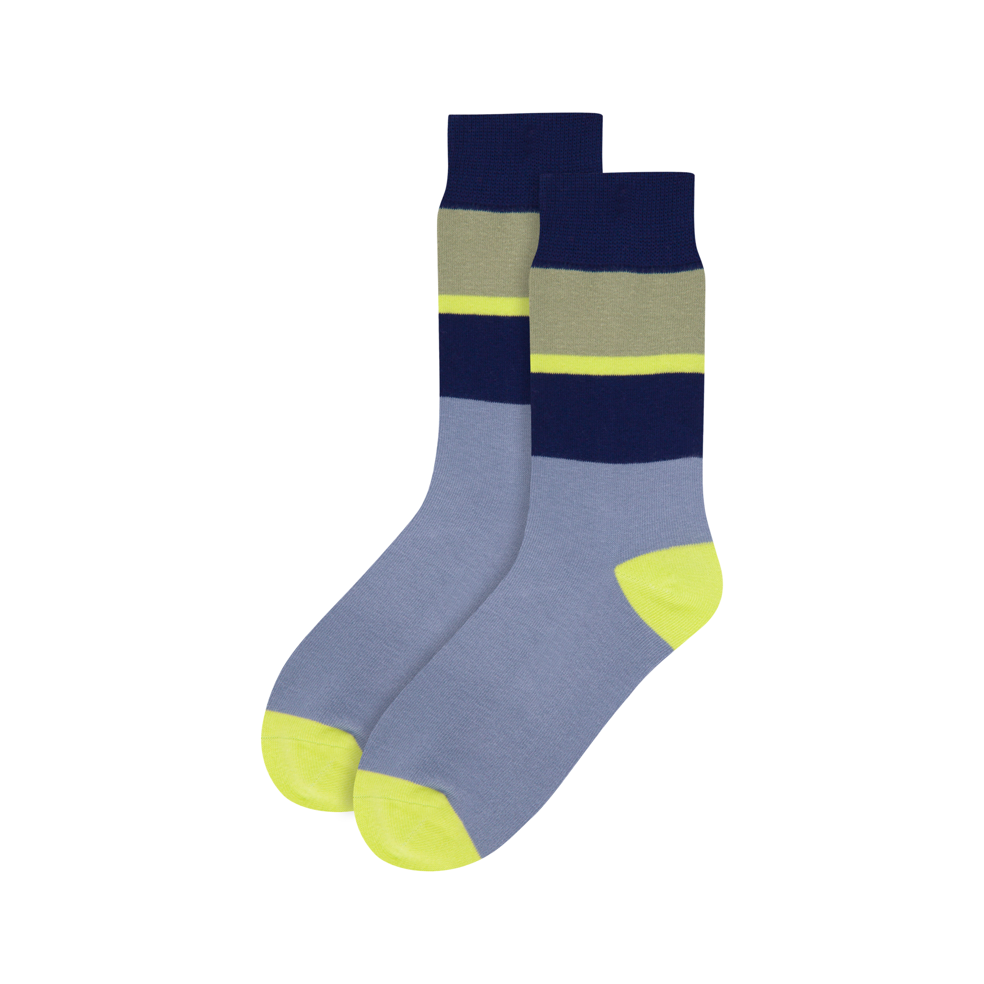 Zwei gestreifte Socken in blau, grau und gelb, übereinander liegend.