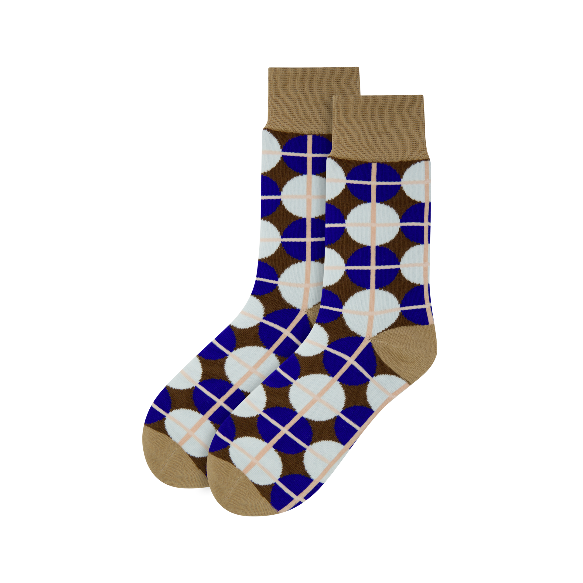 Zwei Socken mit braunem Bund, blauen und weißen Kreisen auf braunem Grund, überzogen mit einem rosa Karomuster.