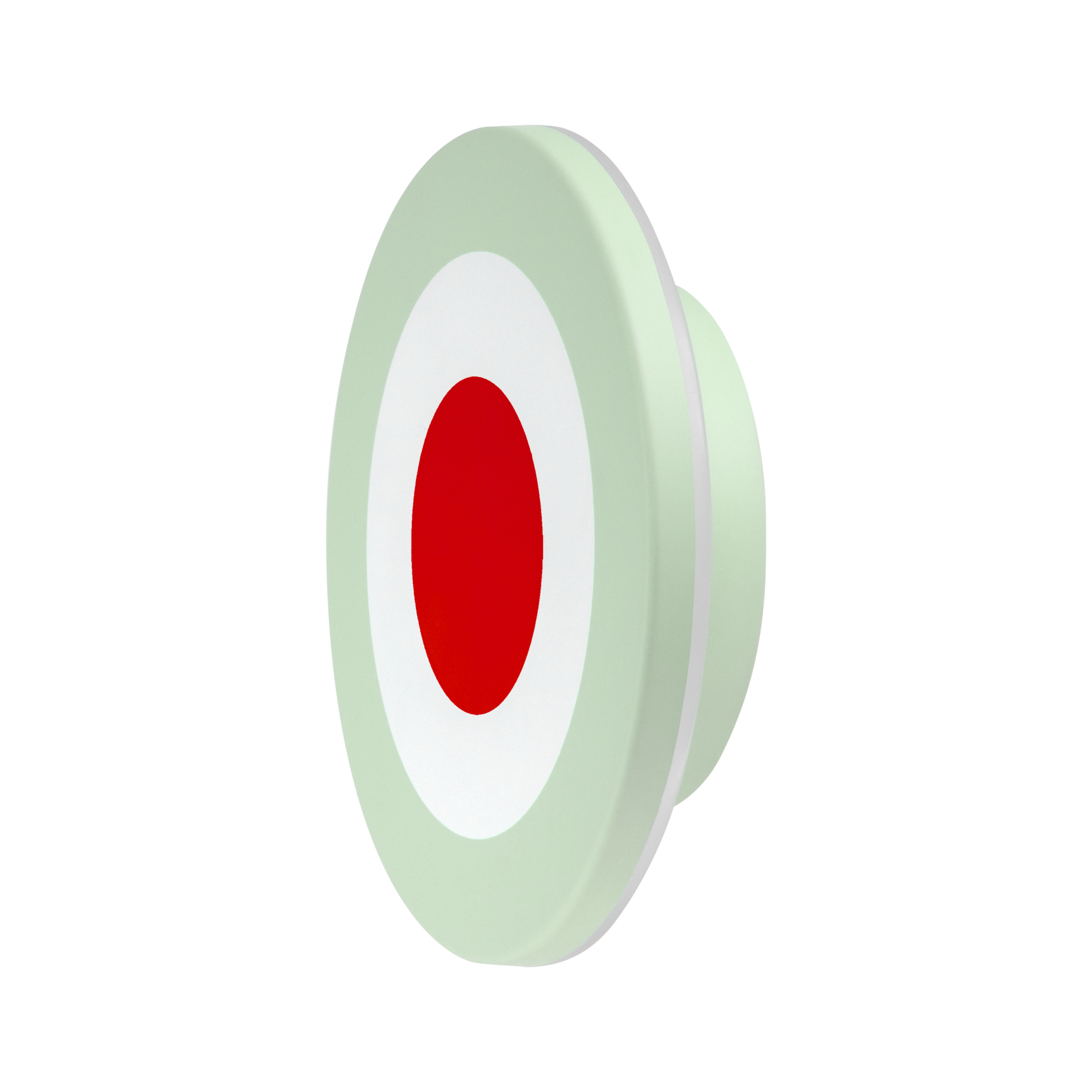 Applique murale ronde au design graphique moderne en forme de cercle, en vert menthe, blanc et rouge, vue en oblique depuis la droite. Variateur rouge au centre, anneau blanc et vert menthe. LED sur batterie, lumière blanche chaude.