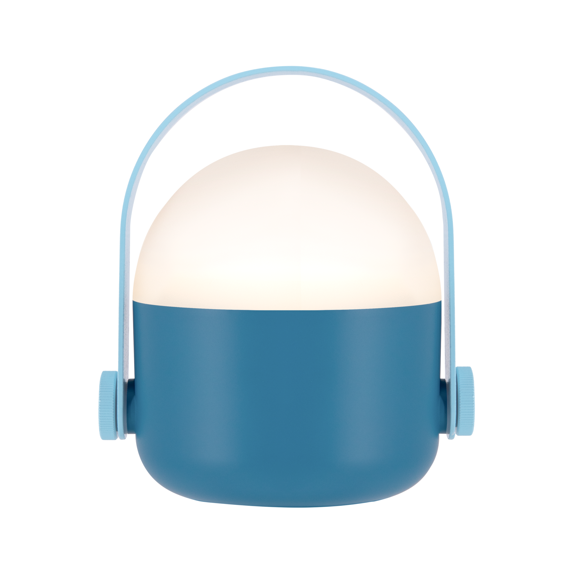 Freigestellte, blaue LED-Leuchte mit Henkel. Der obere Teil der Leuchte ist weiß und leuchtet. Die Leuchte steht vor einem weißen Hintergrund.