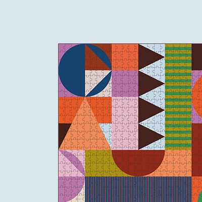 Puzzle mit geometrischen Formen in Orange, Blau, Grün, Lila und Braun. Kreise, Dreiecke, Quadrate und Linien sind wiederholende Muster.
