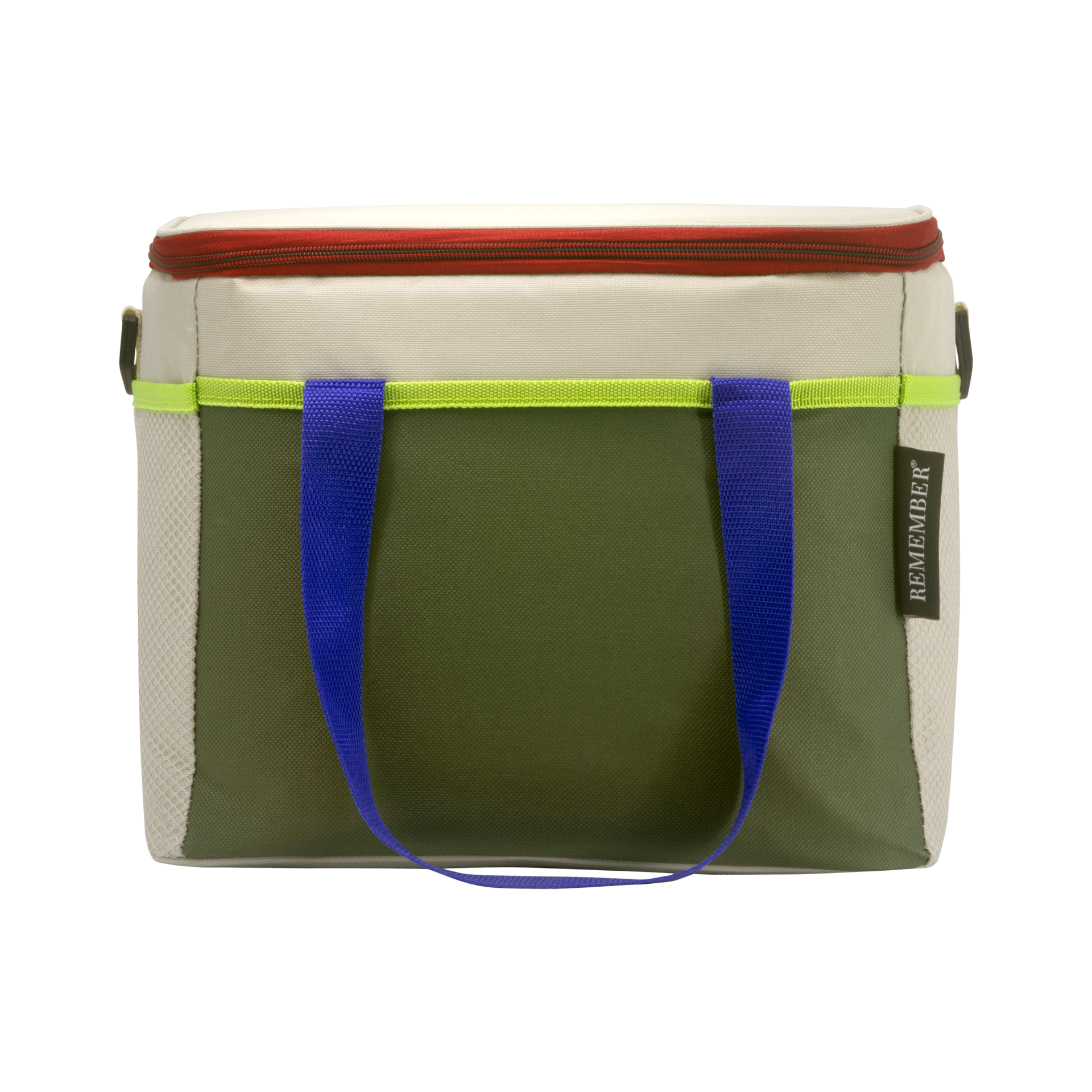 Eine rechteckige Kühltasche 'Bruno' in Beige, Olivgrün, Rot, Blau und Neongrün. Sie verfügt über Tragegriffe, einen Reißverschluss und ein Logo-Etikett an der Seite.