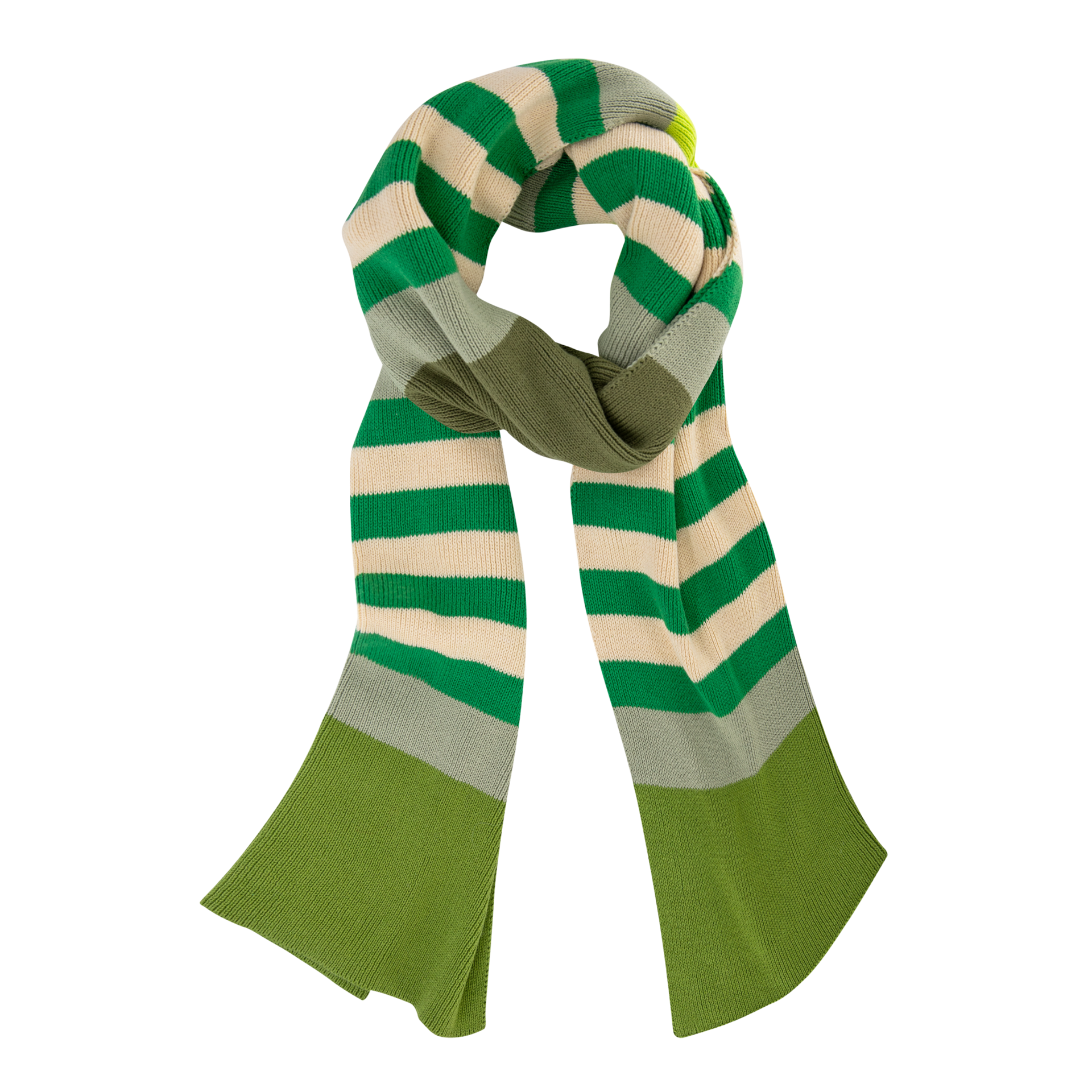 Une écharpe en coton toute douce, de couleur vert kiwi et crème, enroulée sans serrer sur elle-même et tombant à la verticale. Elle présente de larges rayures horizontales dans des tons de vert vif, de crème clair et d’un vert olive plus foncé.