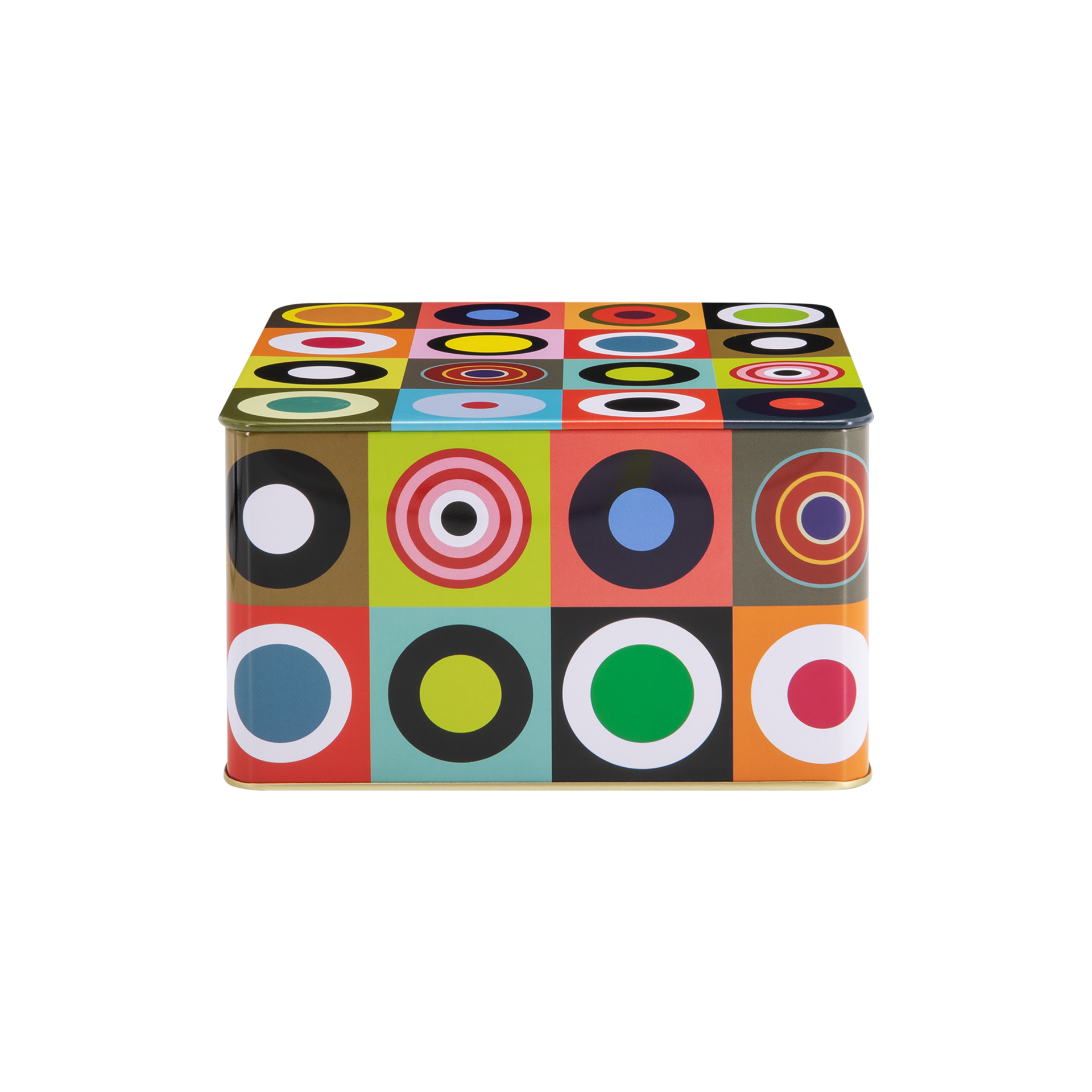 Boîte rectangulaire en fer-blanc ornée d’un motif moderne de carrés, avec cercles concentriques aux couleurs vives (rouge, bleu, vert, jaune) sur fonds noir, blanc ou marron. Une des 3 boîtes « Remember 30 ».