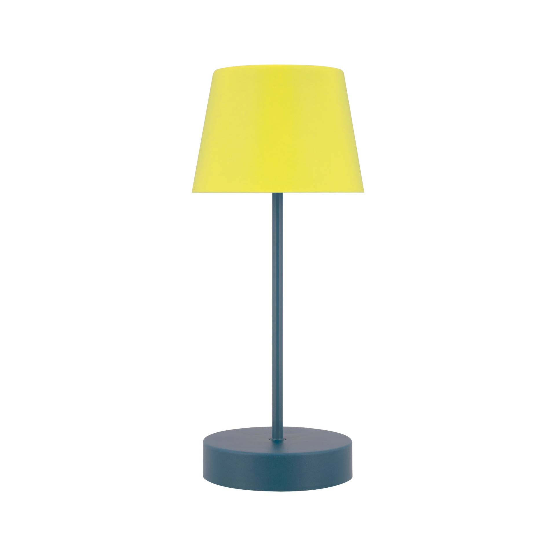 Freigestellte LED-Tischleuchte 'Oscar' in 'midnight'. Blauer, zylinderförmiger Fuß, schlanker Stab. Der Lampenschirm ist gelb, erzeugt ein warmes Licht. Minimalistisches Design.