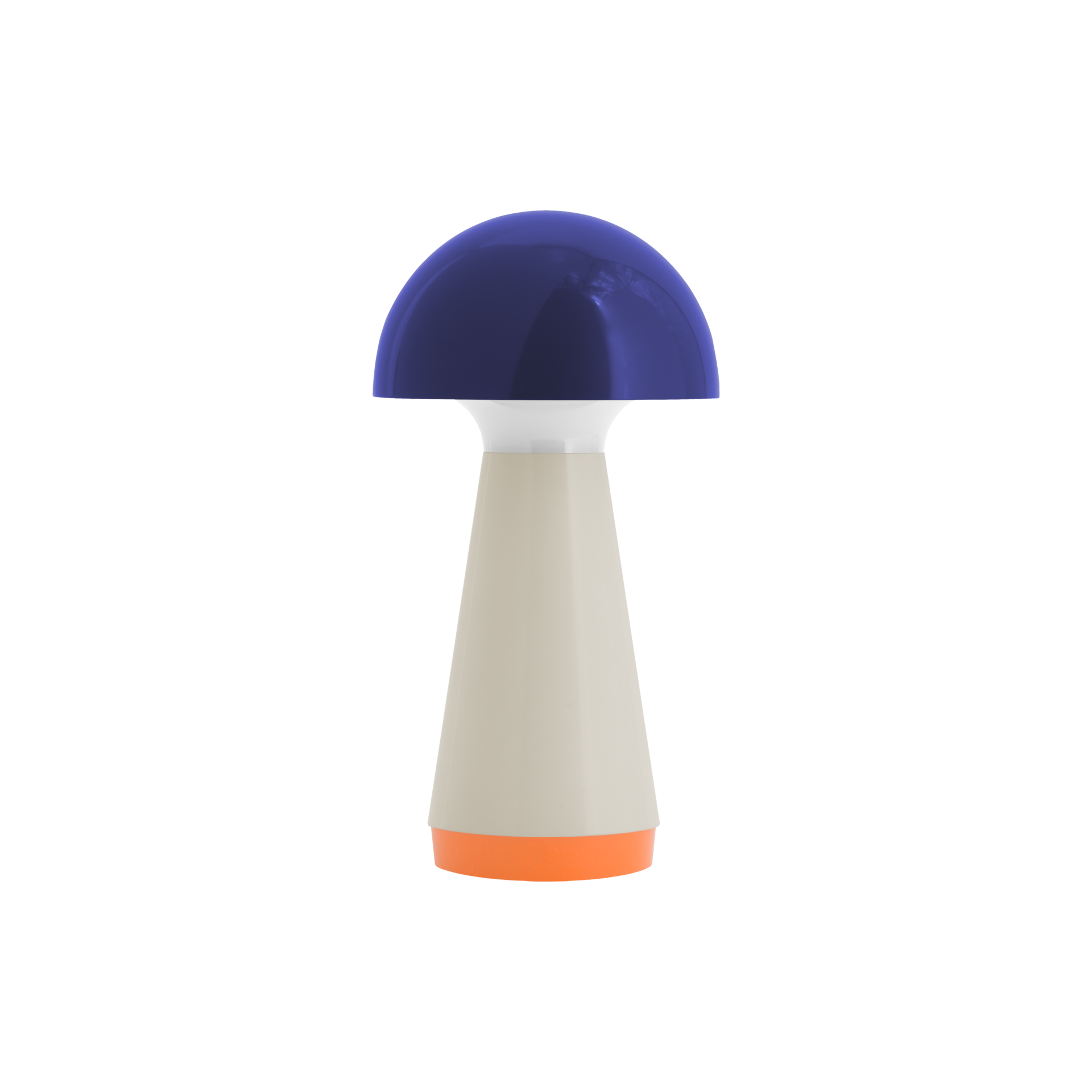 Blaue Tischleuchte 'Bobbi' im Pilzdesign, bestehend aus einem blauen, runden Lampenschirm, einem beigen Lampenfuß und einem orangenen Sockel.