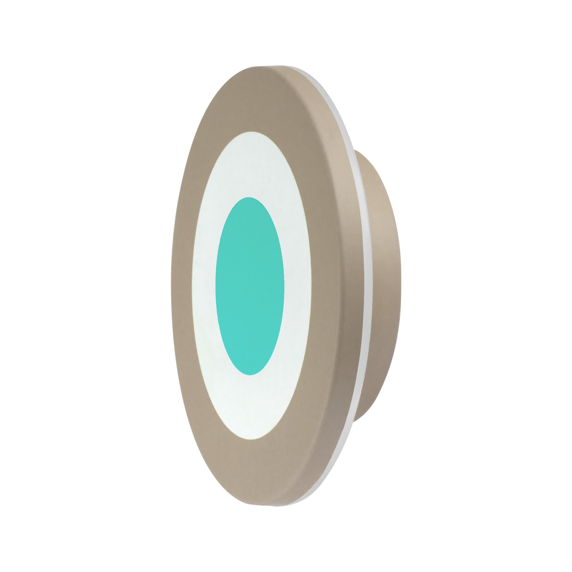 Applique murale circulaire au design minimaliste, composée d’anneaux concentriques : anneau extérieur beige, anneau central blanc et cercle intérieur bleu vif faisant office de source lumineuse. Légèrement inclinée.
