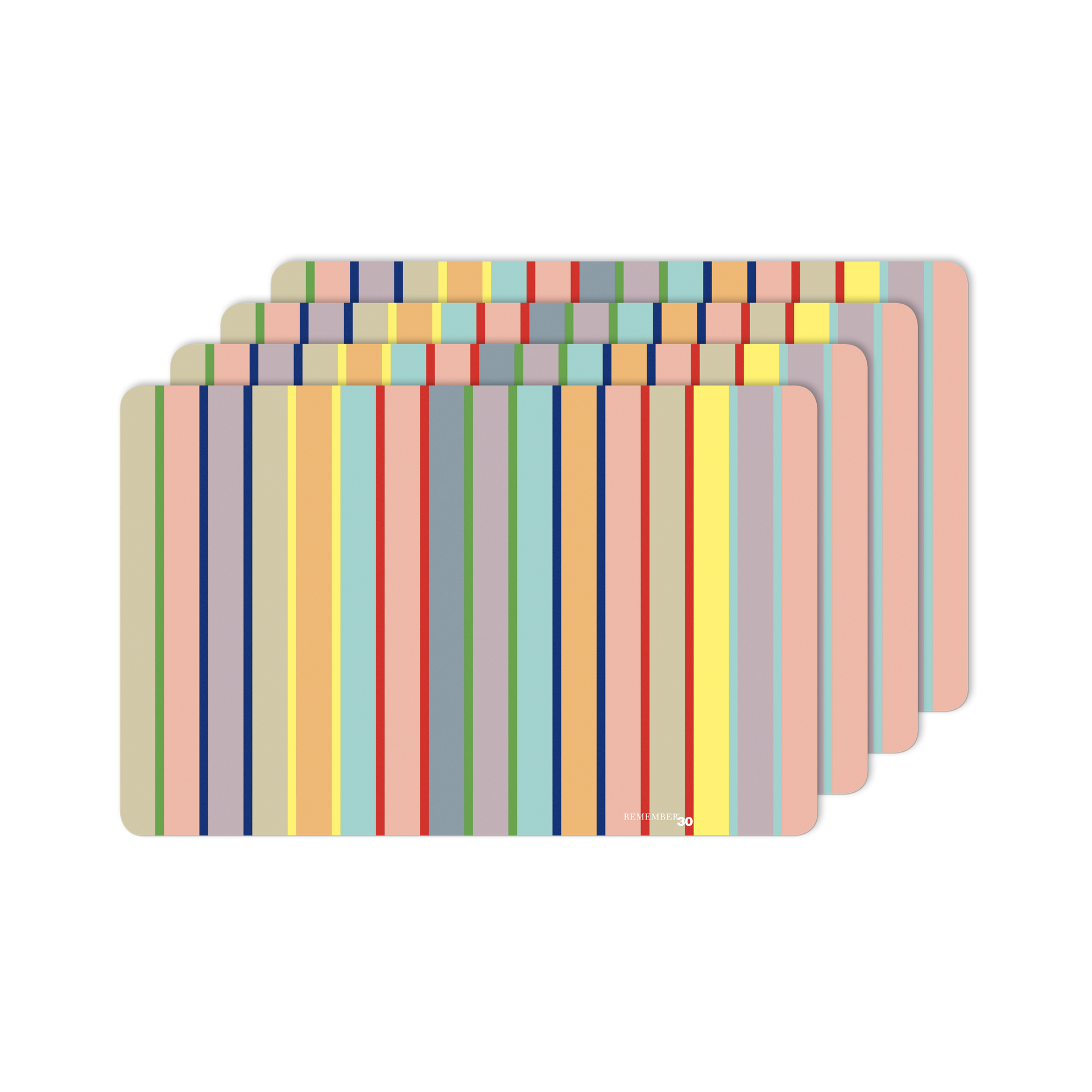 Vier rechteckige Platzsets mit abgerundeten Ecken und einem Streifenmuster in verschiedenen Farben, darunter Beige, Blau, Gelb, Rot und Grün. Sie liegen versetzt übereinander.