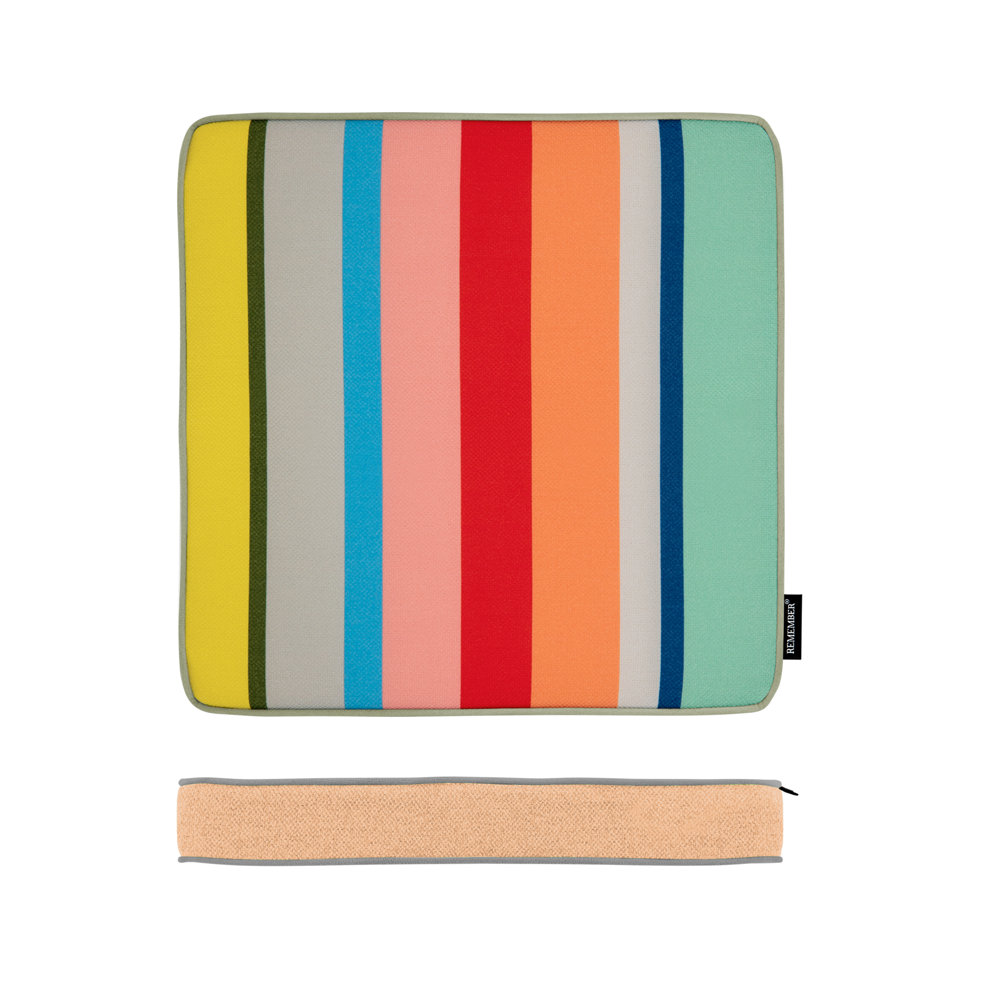 Quadratisches Sitzkissen „Modena“ mit buntem Streifenmuster in Gelb, Grau, Hellblau, Rosa, Rot, Orange, Minzgrün und Dunkelblau. Hellgrüne Paspel. Seitenansicht zeigt 5 cm Dicke und hellorangen Stoff.