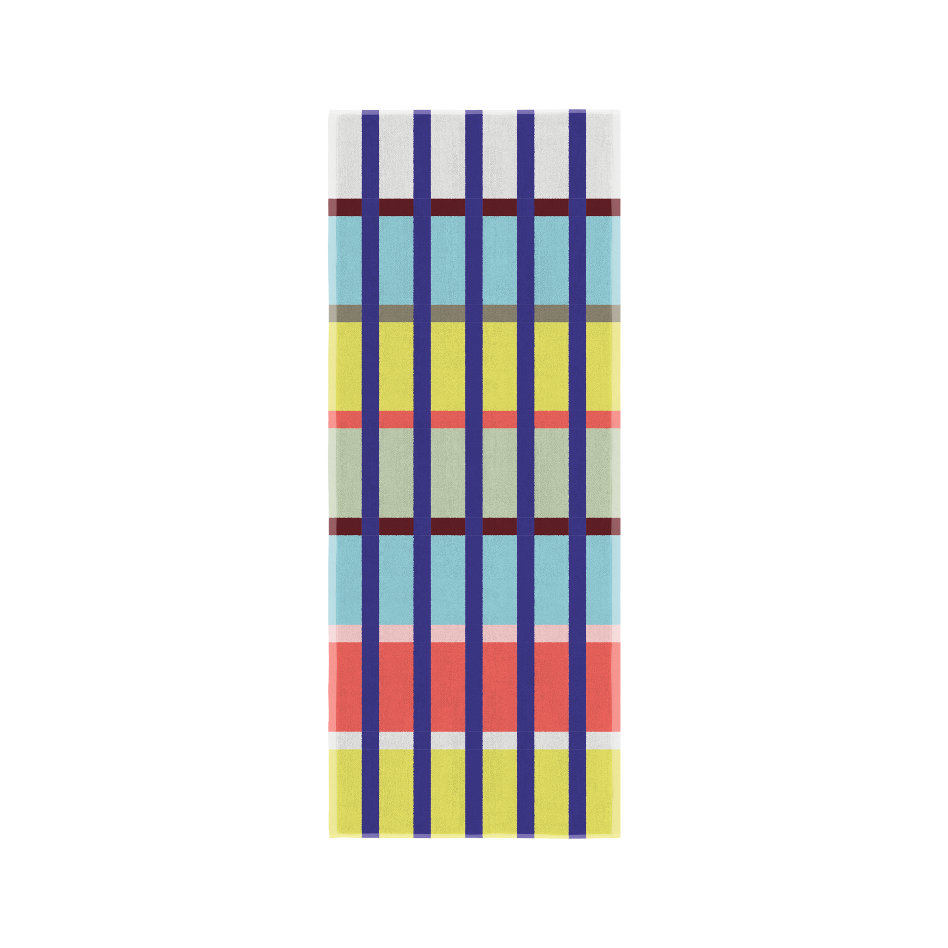 Asciugamano da bagno Yoku piegato verticalmente, realizzato in morbido cotone. Vivace motivo a quadri con strisce verticali blu scuro e campi di colore orizzontali alternati nei toni del bianco, azzurro, rosso corallo, giallo e rosso scuro.