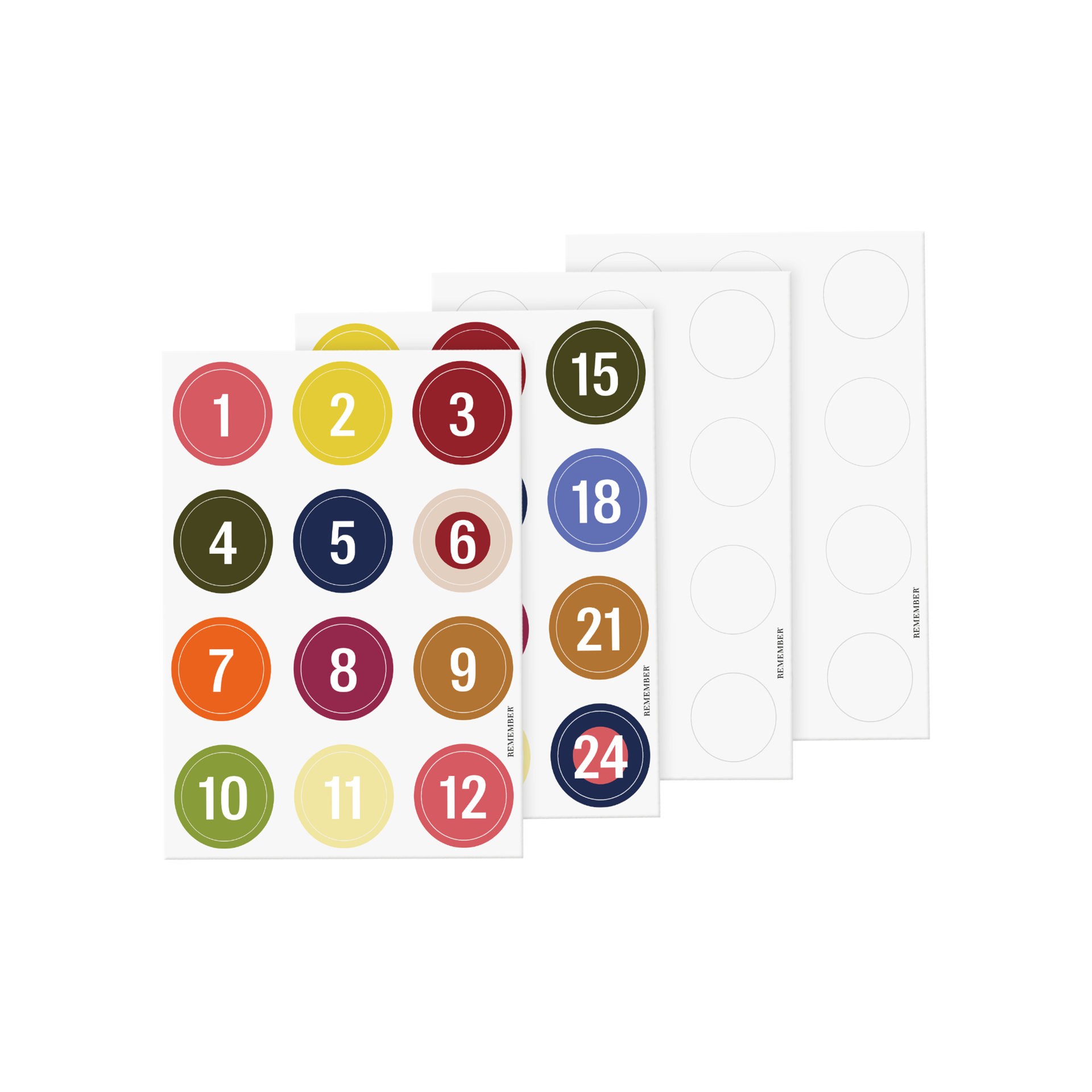 Sticker-Set für Adventskalender mit 3 Bögen: bunte, runde Zahlensticker (1–24) sowie 2 Bögen leere, weiße runde Sticker zum Beschriften. Ideal für 24 Adventskalender-Tüten.