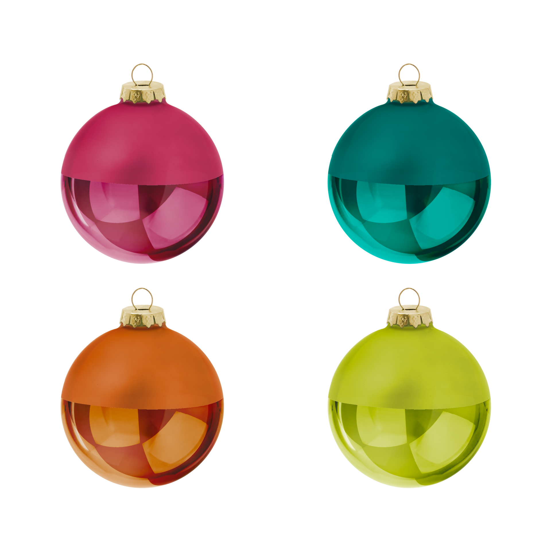 Vier Weihnachtskugeln in Rot, Türkis, Orange und Grün. Die obere Hälfte ist matt, die untere glänzend.