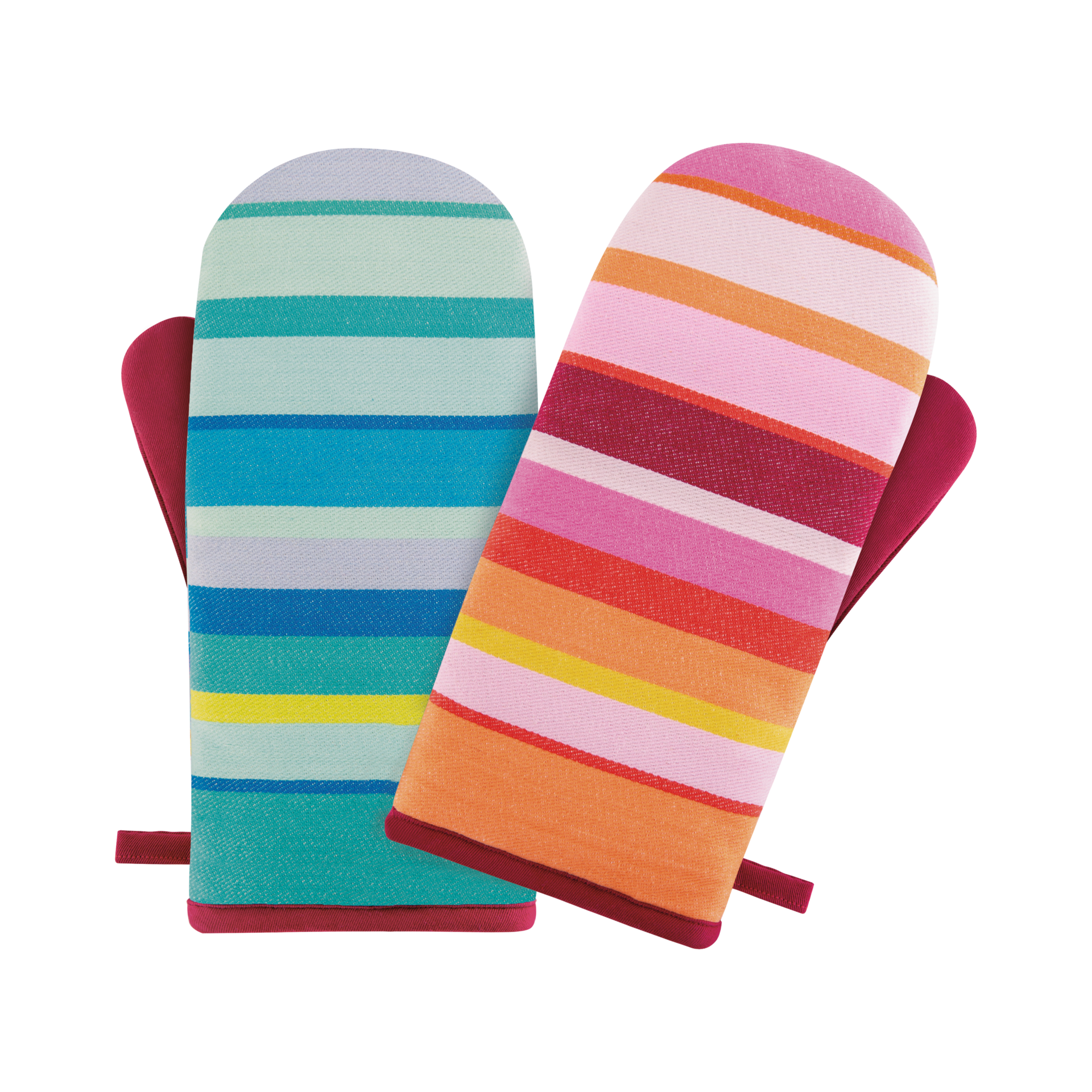 Zwei Ofenhandschuhe im Set, mit farbigen horizontalen Streifen und Aufhängelasche. Einer in Türkis-Blau, der andere in Rosa-Orange.