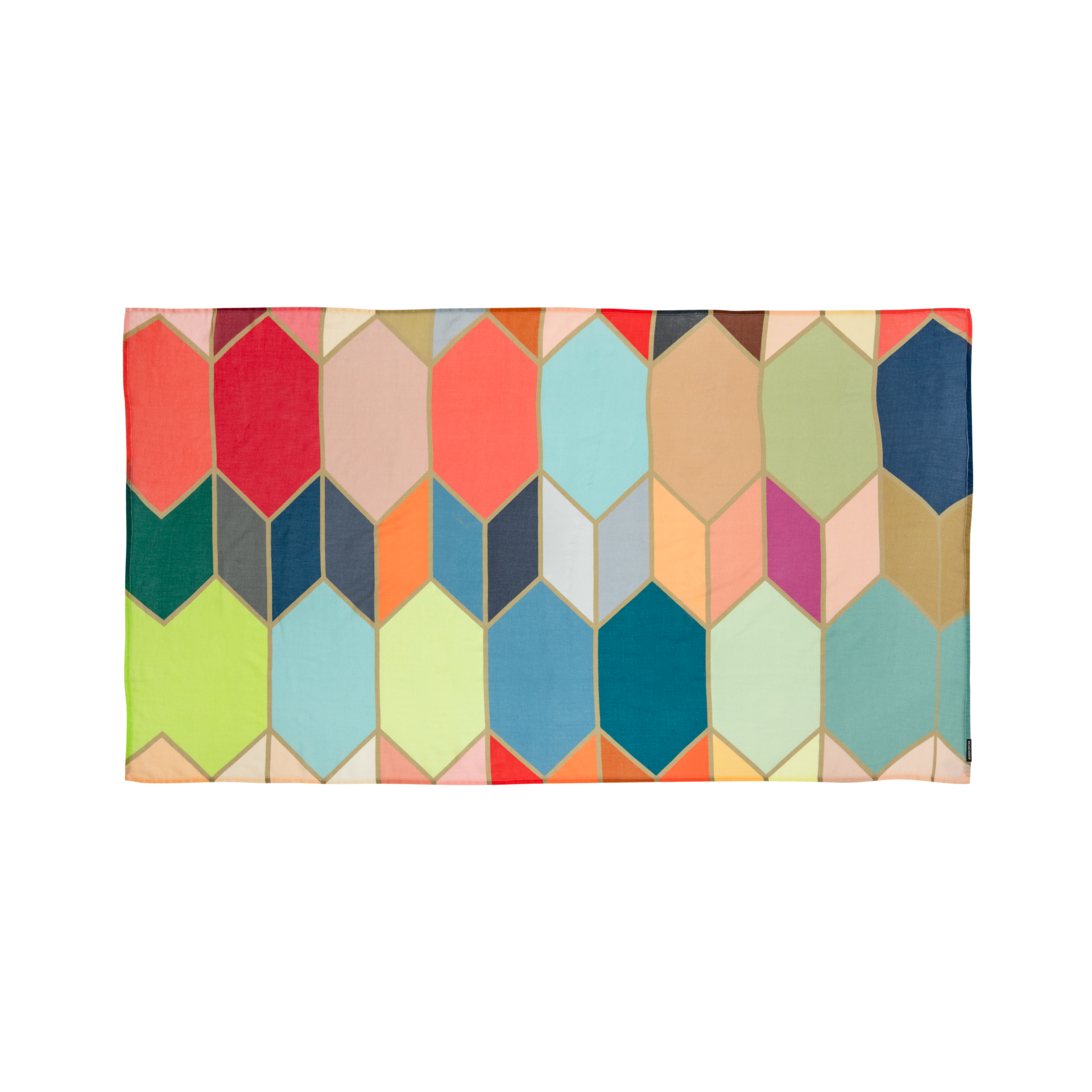 Der Pareo 'Waikiki' liegt flach: Bunte, abstrakte geometrische Formen, umrandet mit goldenen Linien, auf Baumwolle.