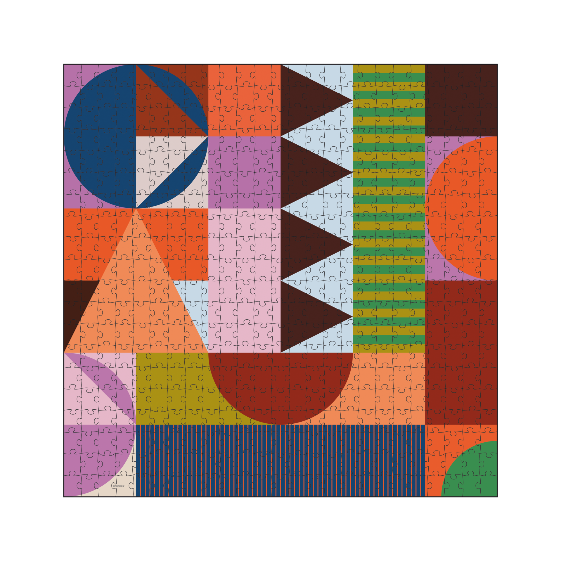 Quadratisches Puzzle 'Patch' mit geometrischen Formen und Mustern in diversen Farben.