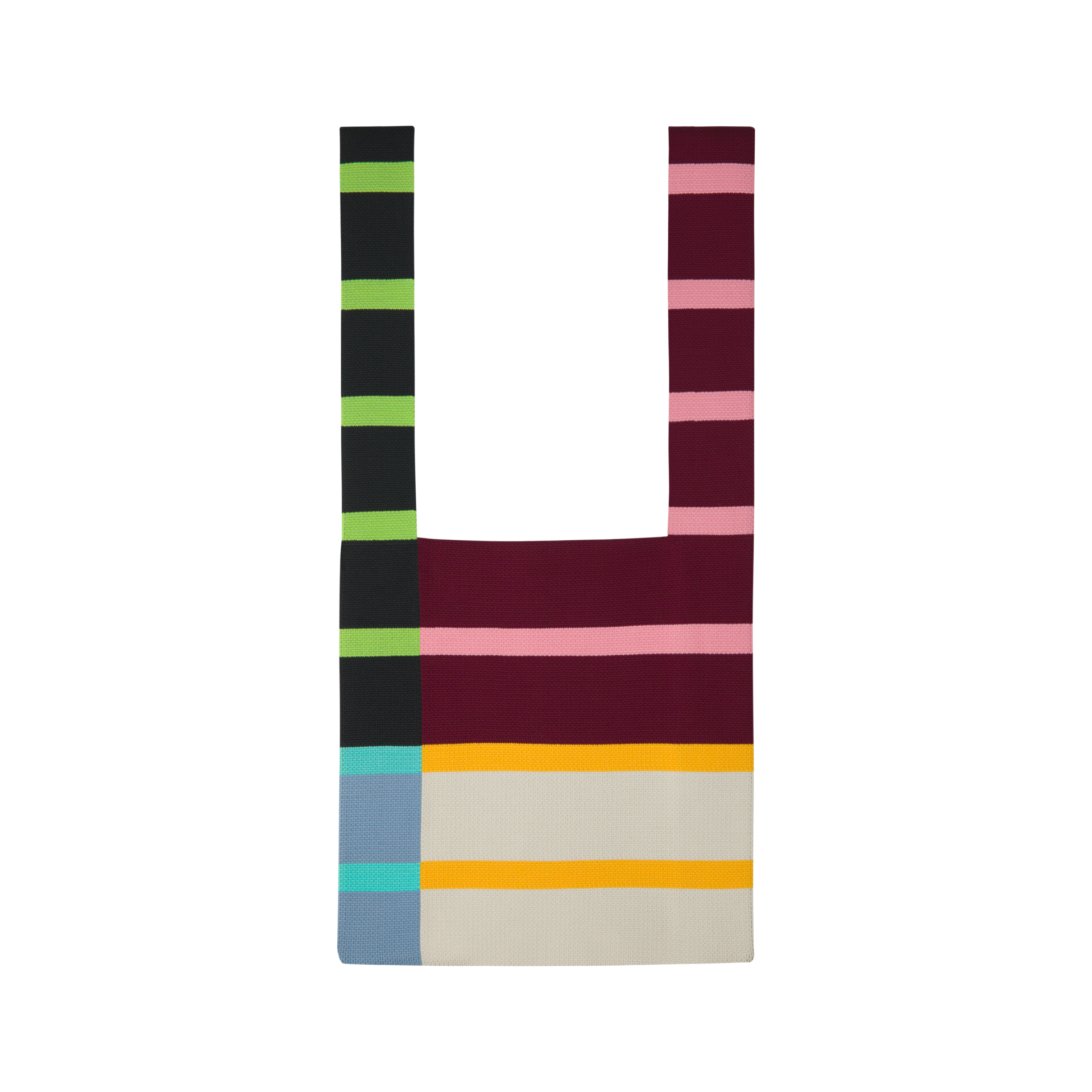Ein farbenfrohes, gestreiftes Strick-Accessoire mit zwei Henkeln auf weißem Hintergrund. Das Produkt weist ein Muster aus horizontalen Streifen in Grün, Schwarz, Rosa, Bordeaux, Gelb und Beige auf.