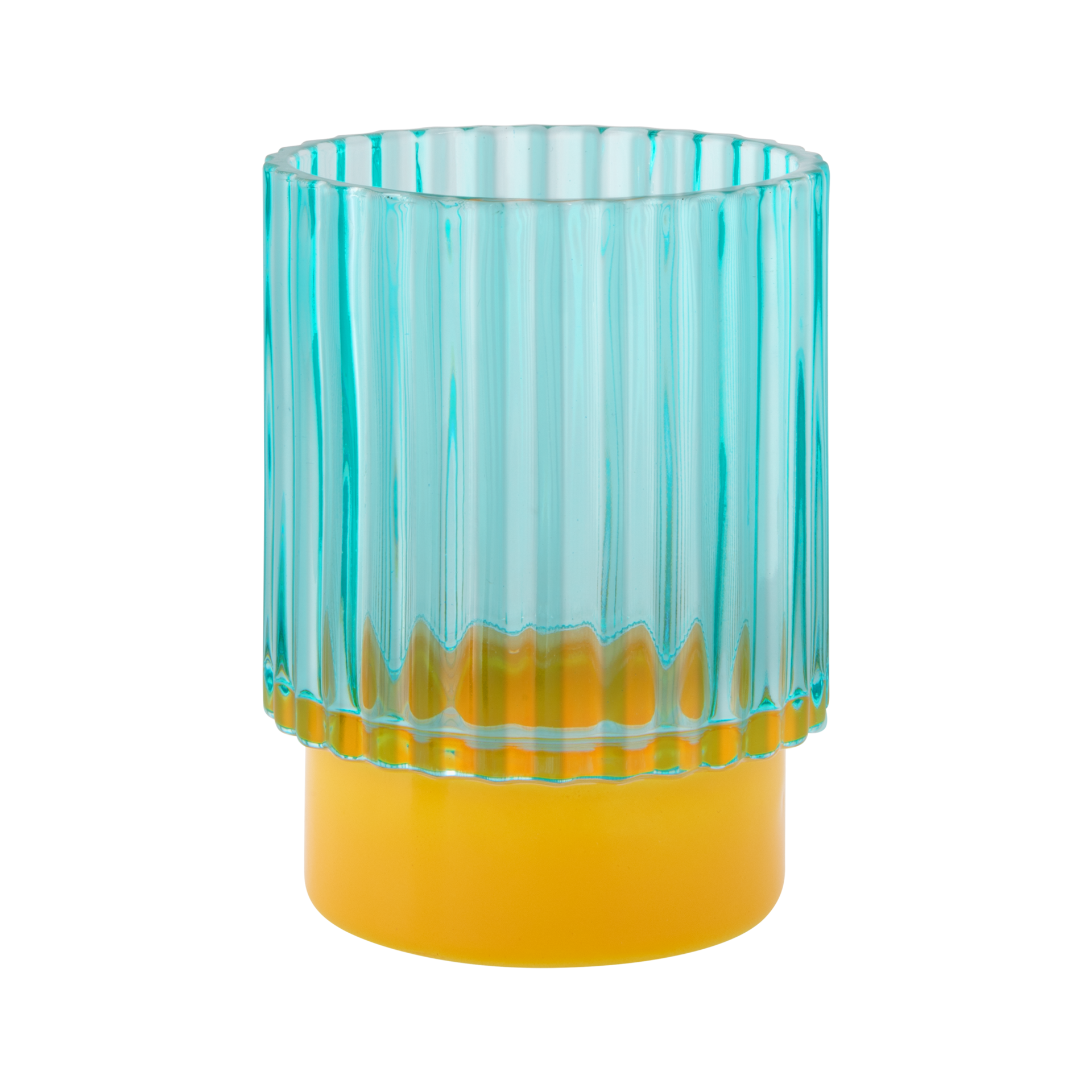 Zweifarbiges Teelichtglas: Türkisfarben geriffelte Glasoberfläche auf einem gelben, zylindrischen Sockel.