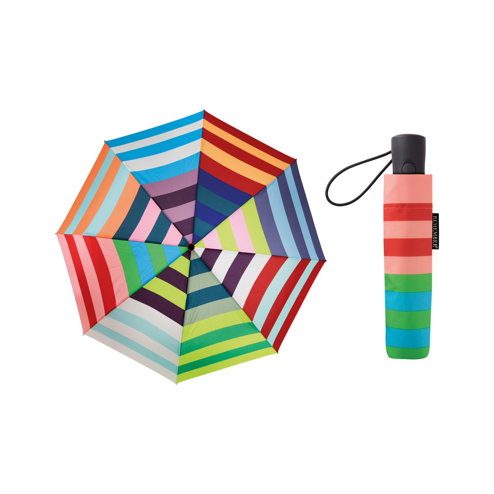 Geöffneter und geschlossener 'Allegra' Taschenschirm nebeneinander. Beide mit bunten Streifen in rot, blau, grün, lila und orange. Der geschlossene Schirm hat eine Handschlaufe.