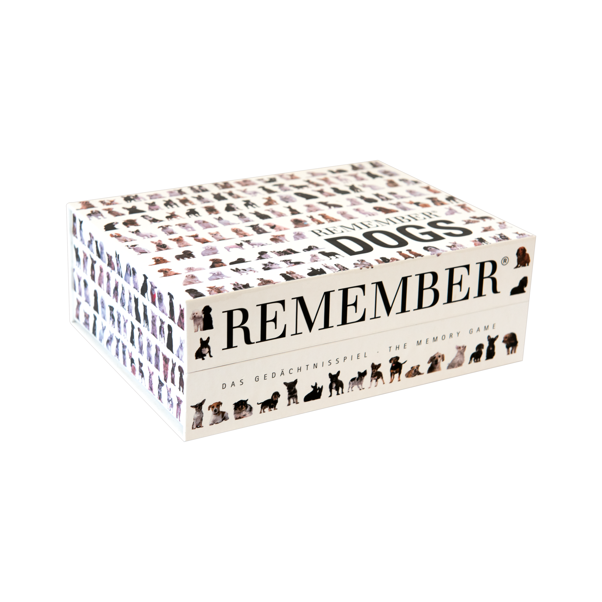 Rechteckige Box des Memory Spiels "Remember Dogs", das mit Hundeabbildungen und dem Schriftzug des Spiels bedruckt ist.
