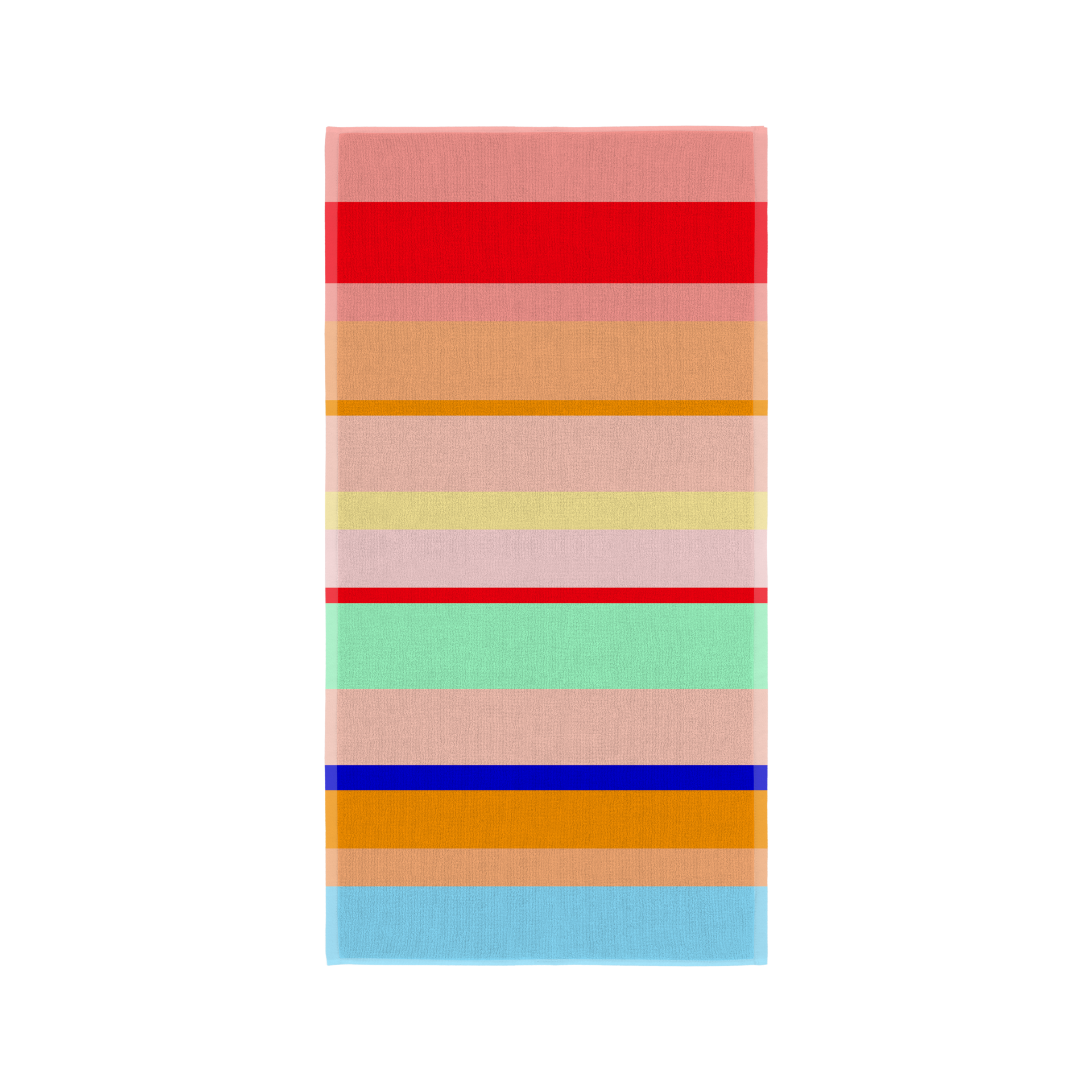 Ein rechteckiges, mehrfarbig gestreiftes Handtuch der Marke Rimini. Die Streifen sind rot, orange, gelb, grün, blau und verschiedenen Rosa- und Blautönen.