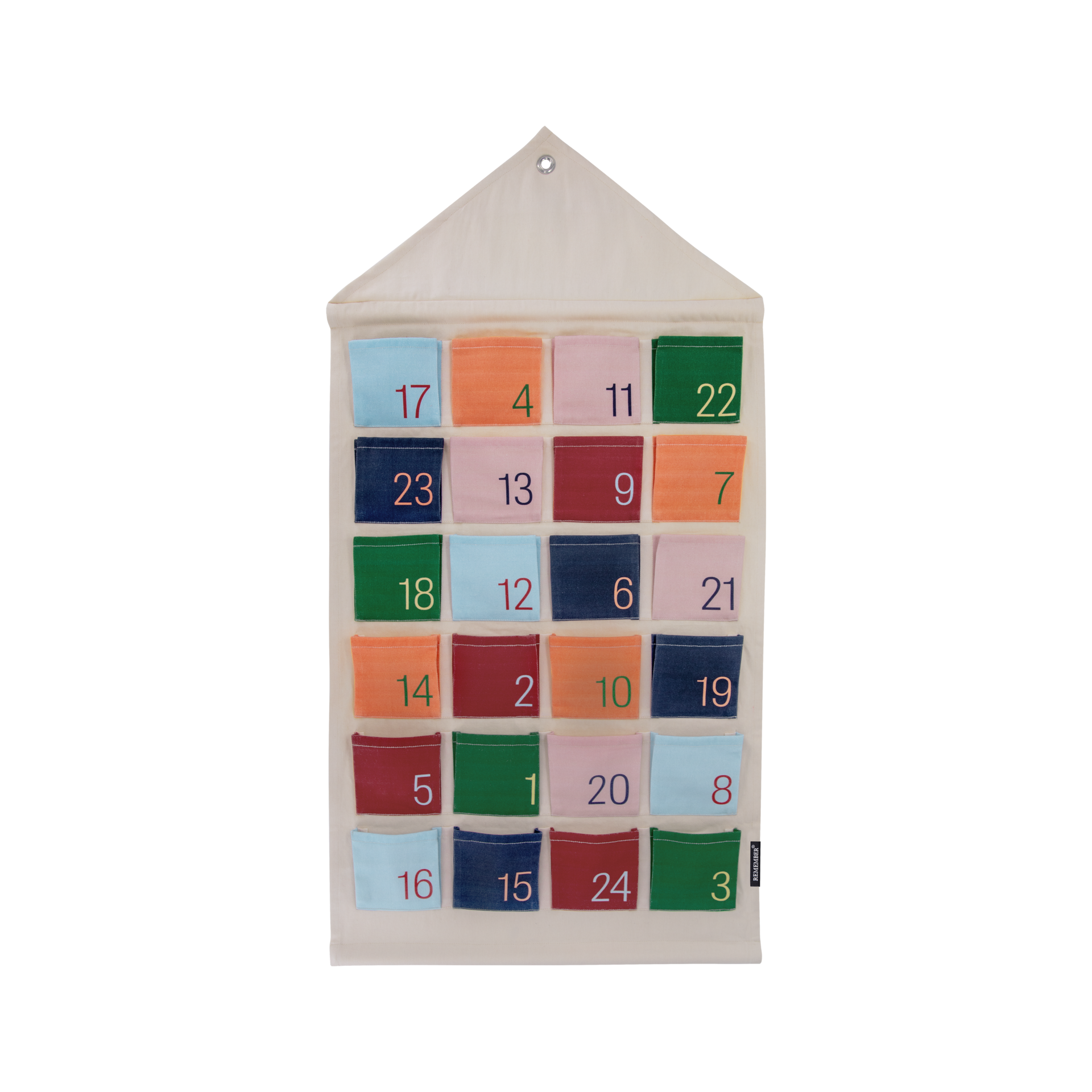 Textil-Adventskalender im Hausdesign mit 24 farbigen Taschen. Jede Tasche ist mit einer Zahl versehen. Das Haus ist beige.
