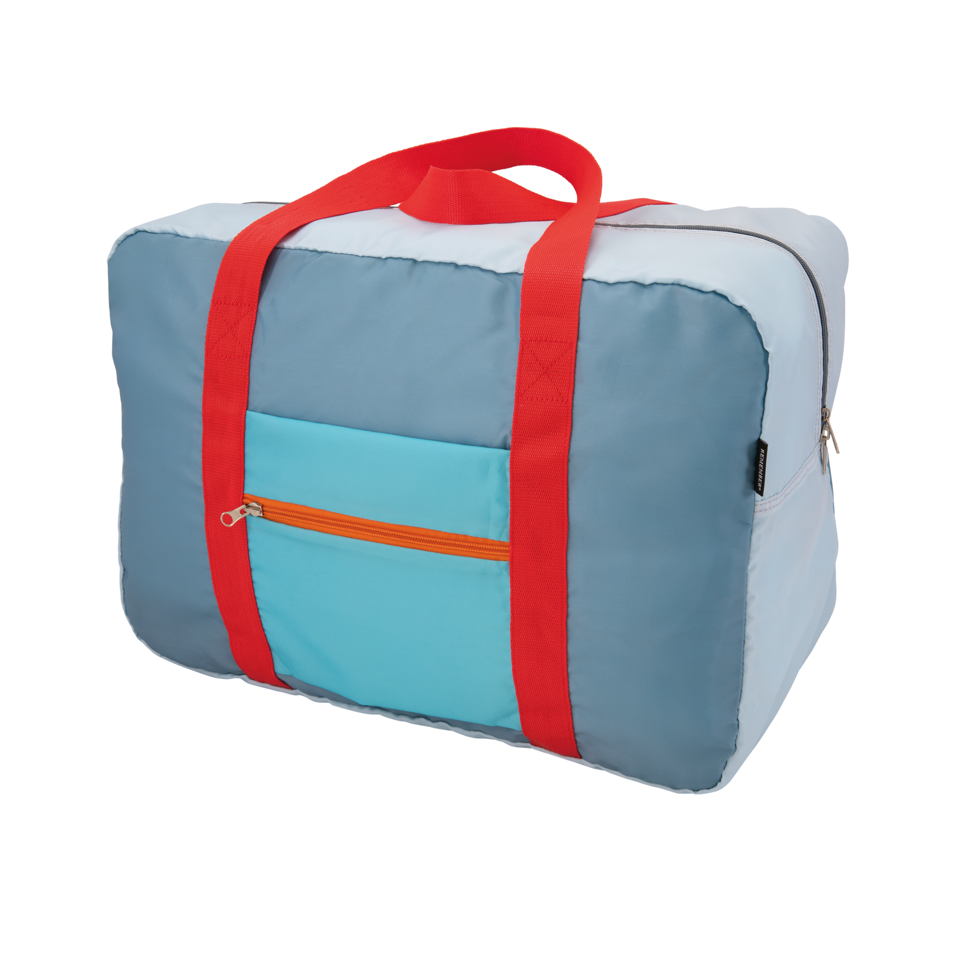 Rechteckige Reisetasche 'Tom' in Hellblau und Grau mit roten Tragegriffen. Eine aufgesetzte, hellblaue Tasche mit orangefarbenem Reißverschluss befindet sich auf der Vorderseite.